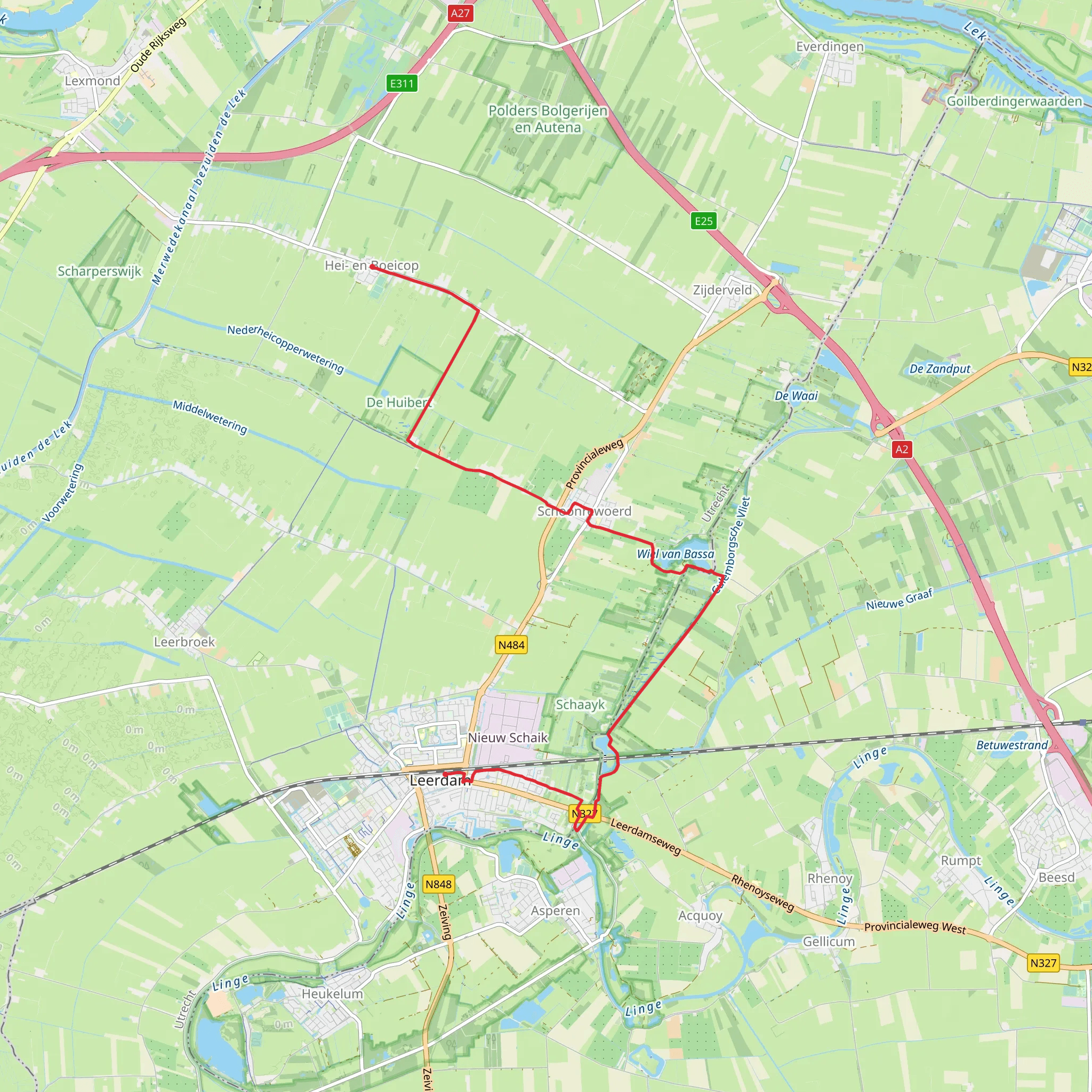Pleinstraat to Leerdam via Wiel Van Bassa and Het Wiel Fort mobile static map