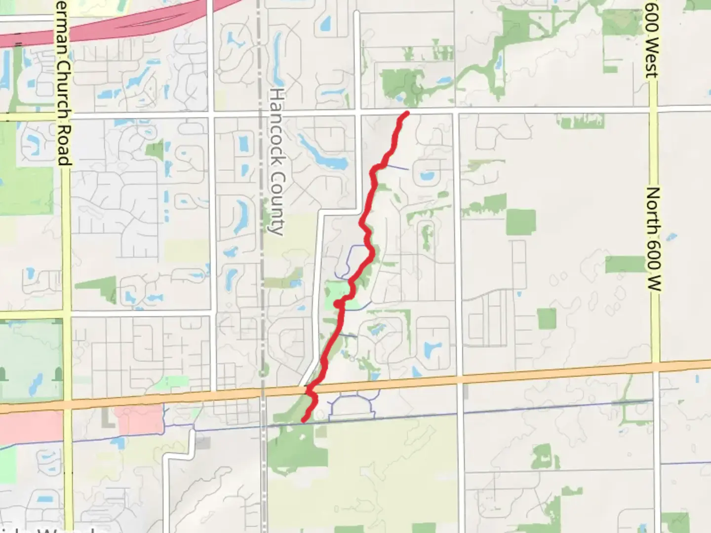 An image depicting the trail Buck Creek trail from Lions Park and its surrounding area.