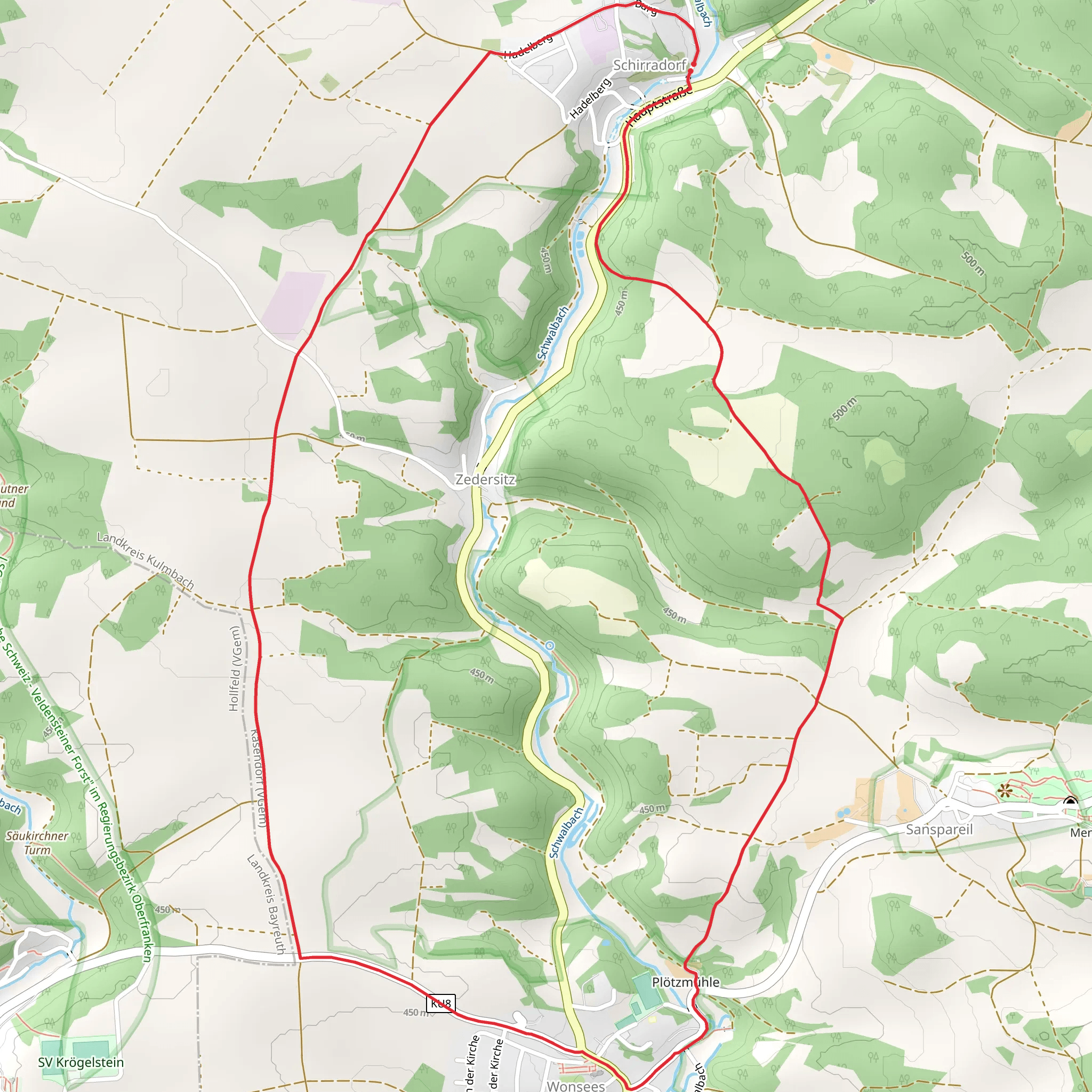 Schirradorf Rundwanderweg and Wonsees Grosse Erlebnisrunde mobile static map