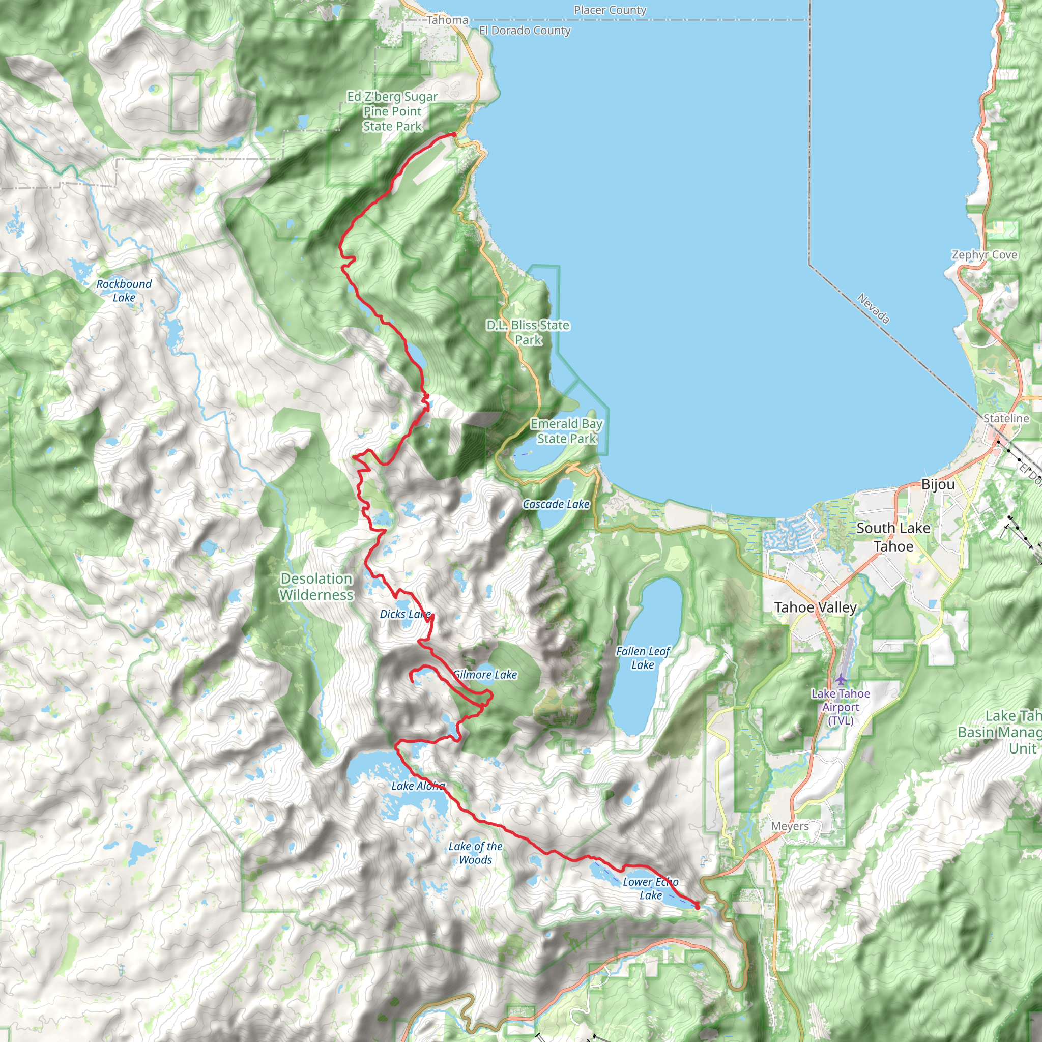 Meeks Bay to Echo Lake via Tahoe Rim Trail mobile static map