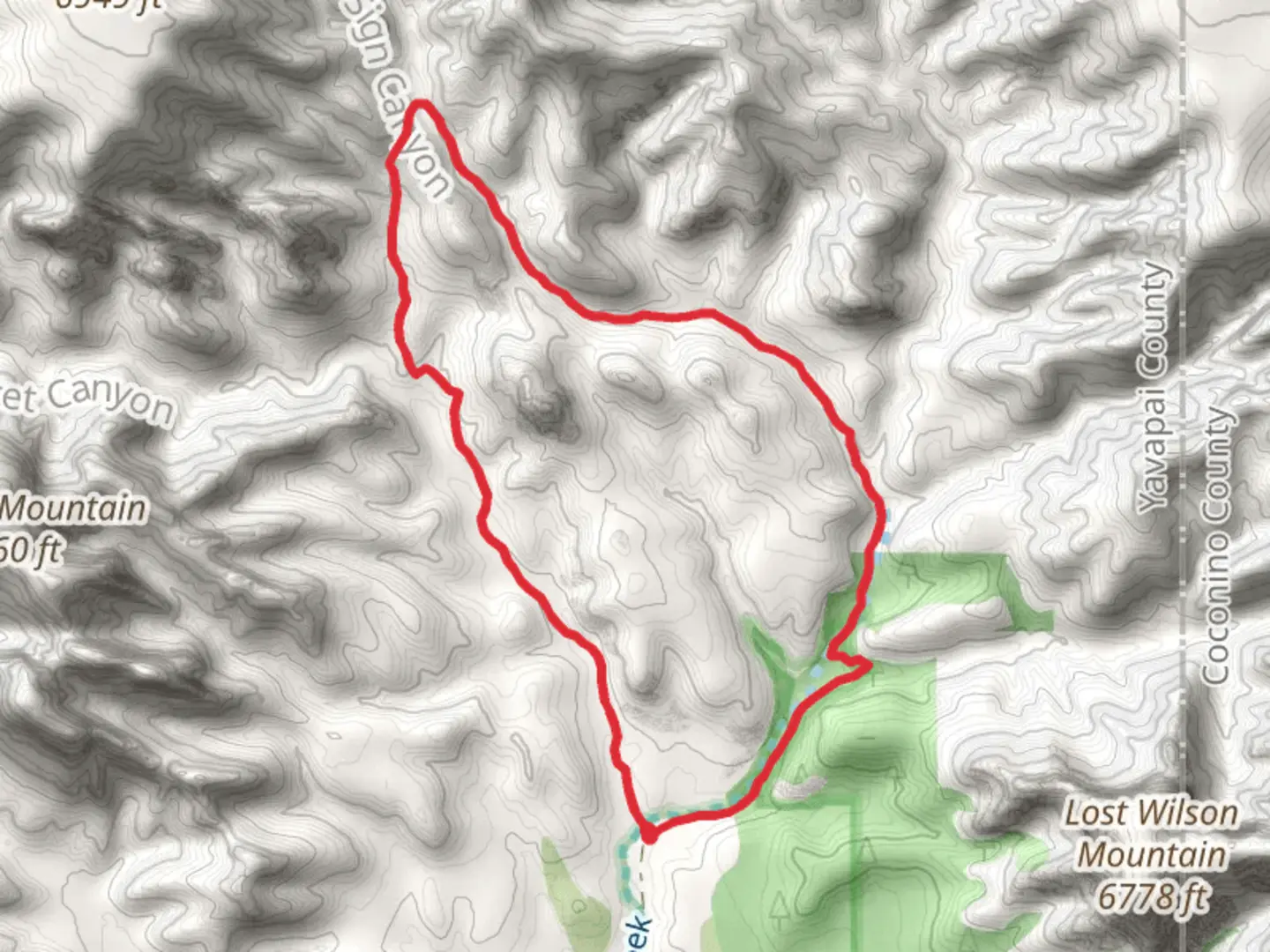 An image depicting the trail Dry Creek, Secret Canyon Trail and Bear Sign Trail and its surrounding area.