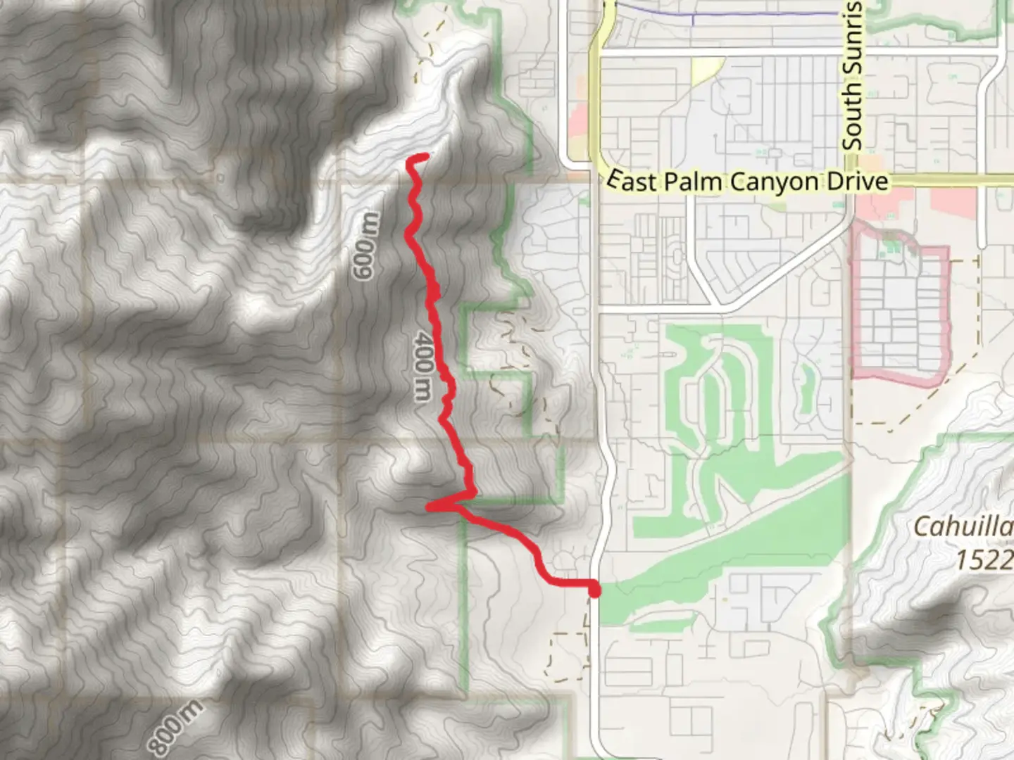 An image depicting the trail South Lykken Trail from South Palm Canyon Drive and its surrounding area.