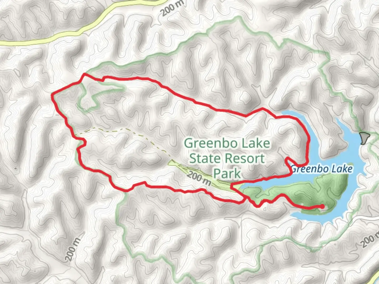 An image depicting the trail Greenbo Lake Loop and its surrounding area.