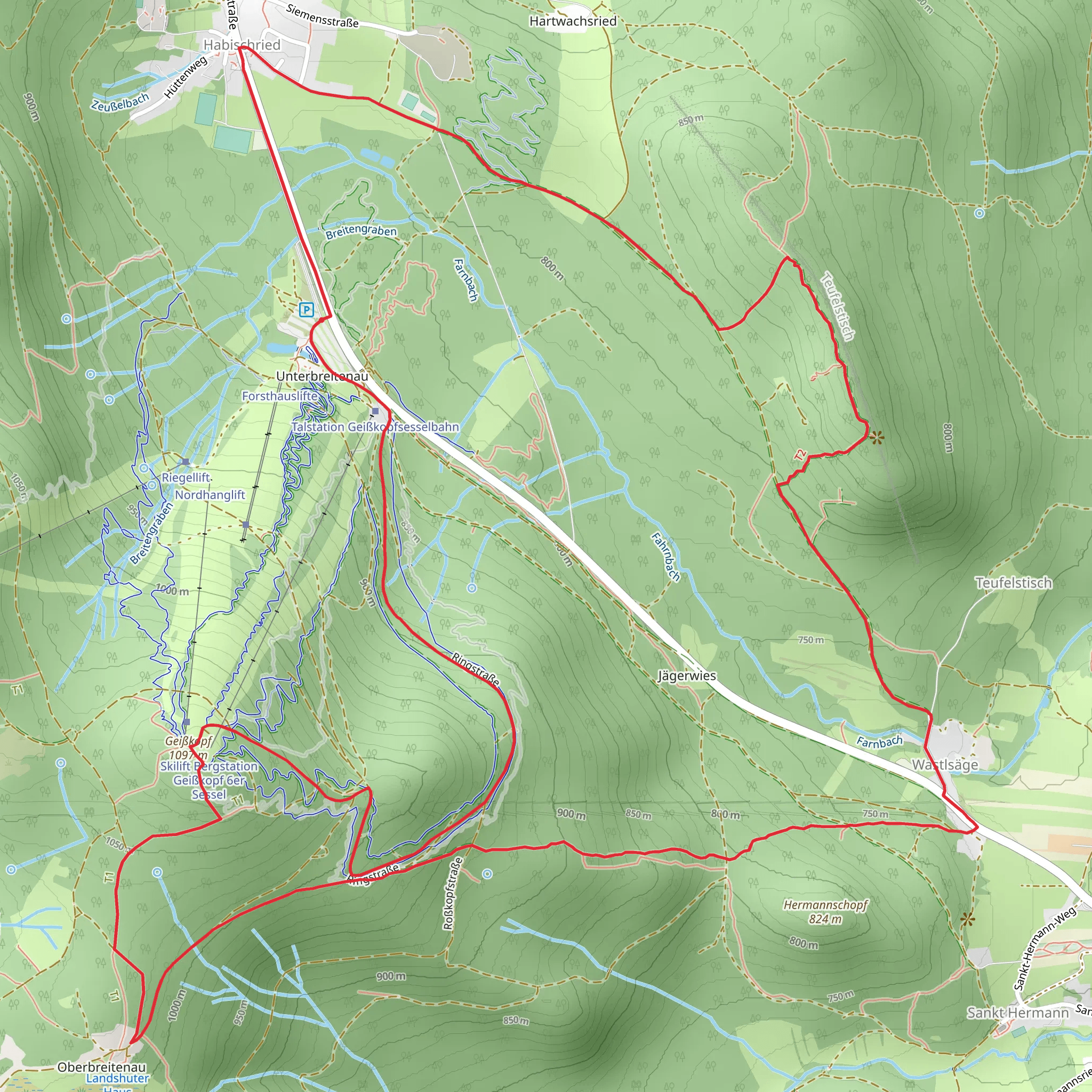Unterbreutenau, Geißkopf and Teufelstich Loop via Ringstraße mobile static map