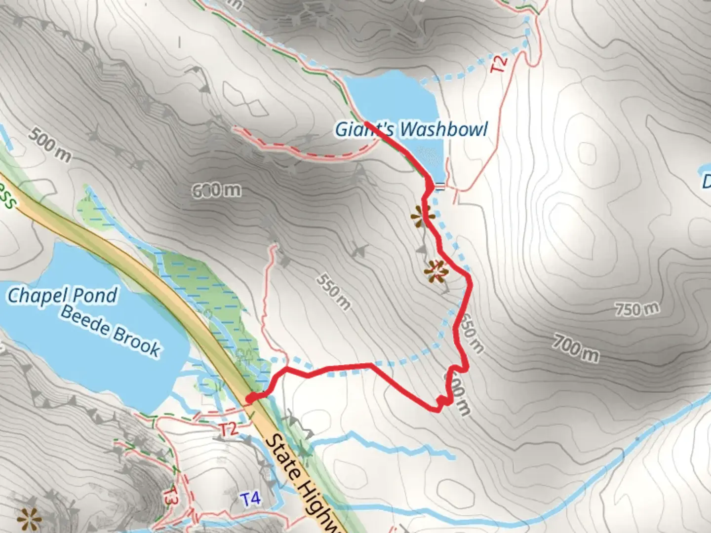 An image depicting the trail Giant Washbowl via Ridge Trail and its surrounding area.