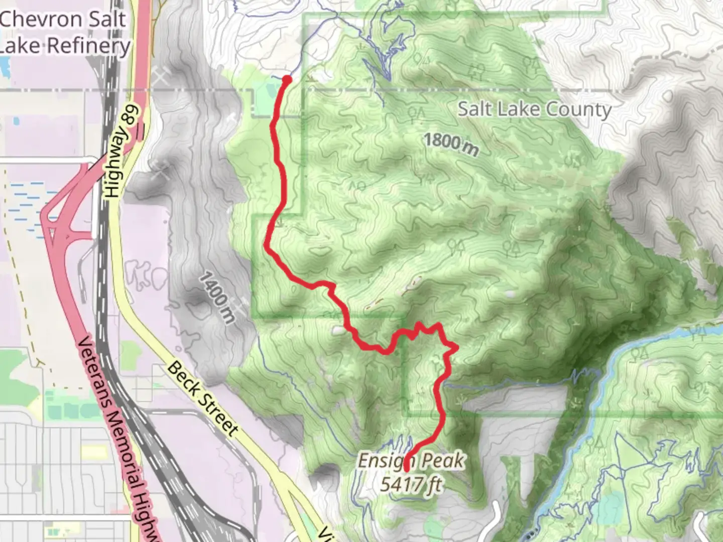 An image depicting the trail Ensign Peak via Terraces Trail and its surrounding area.