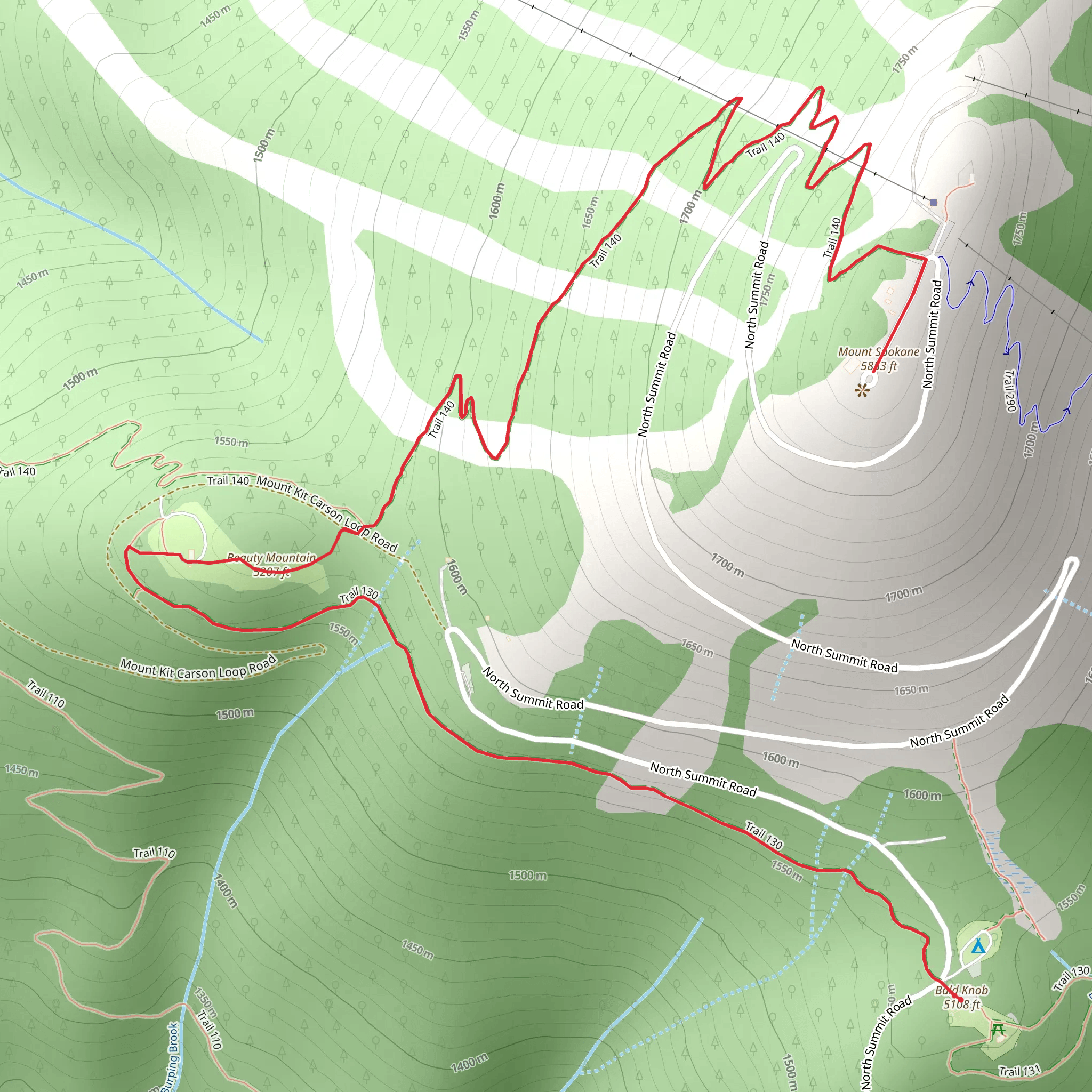 Beauty Mountain and Mount Spokane via Trail 130 mobile static map
