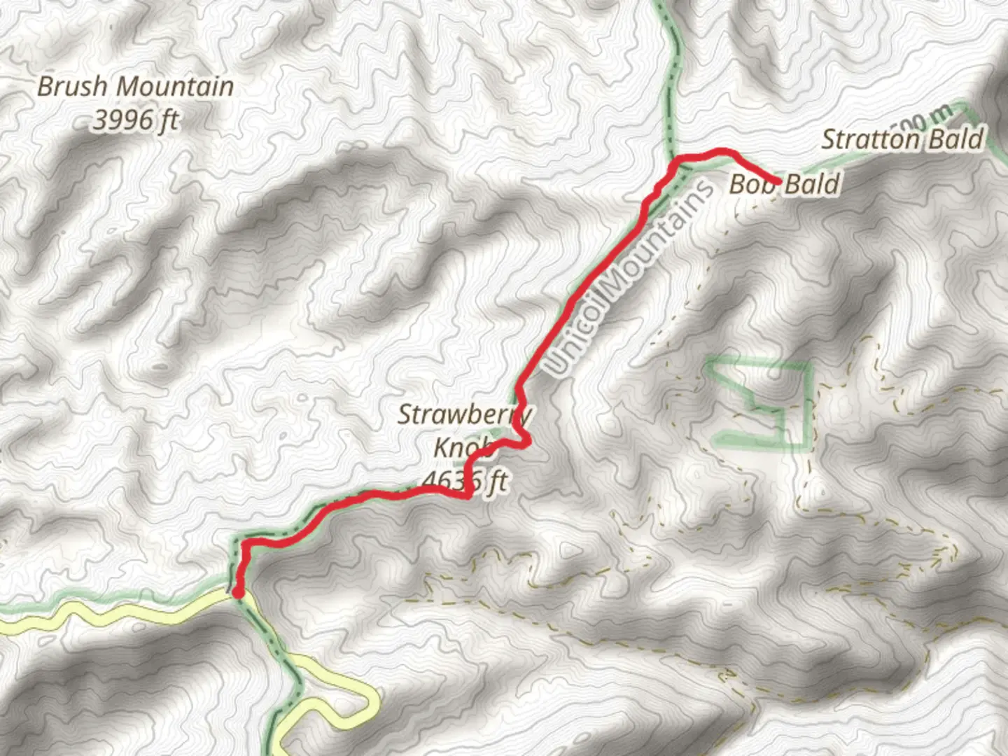 An image depicting the trail Strawberry Knob, Cold Spring Gap and Stratton Bald Alternate Trail and its surrounding area.