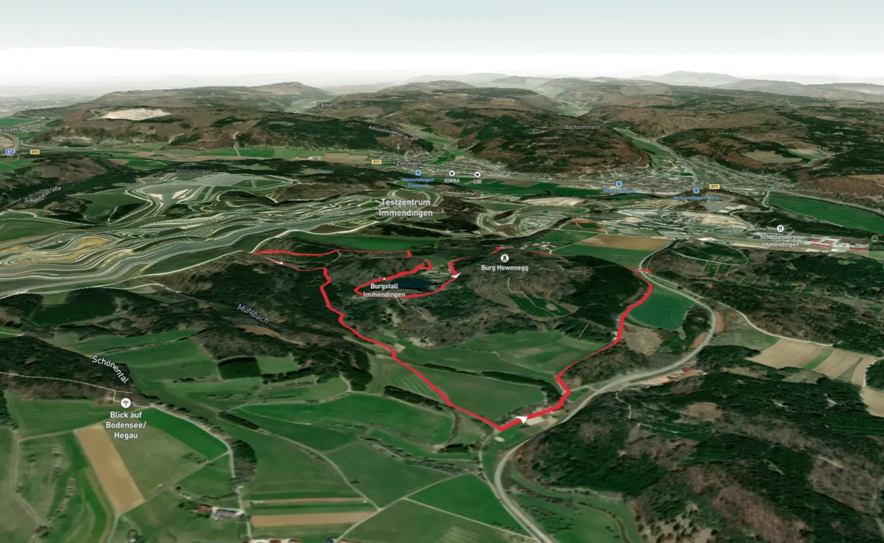 An image depicting the trail Höweneg and Höweneggkratersee Loop and its surrounding area.