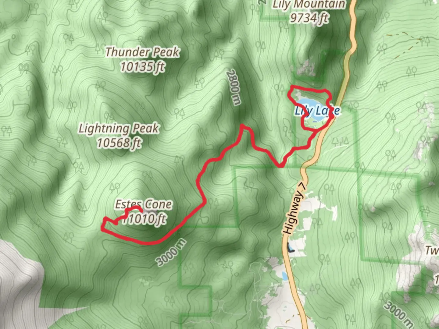 An image depicting the trail Estes Cone from Lily Lake and its surrounding area.