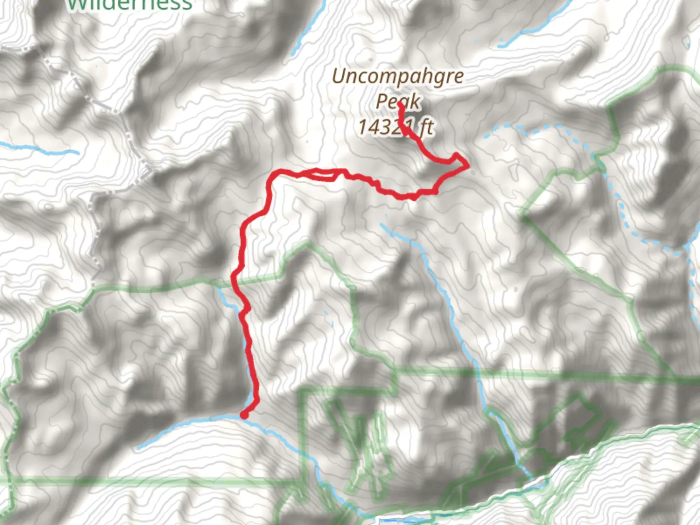 An image depicting the trail Uncompahgre Peak via Ridge Stock Road and its surrounding area.
