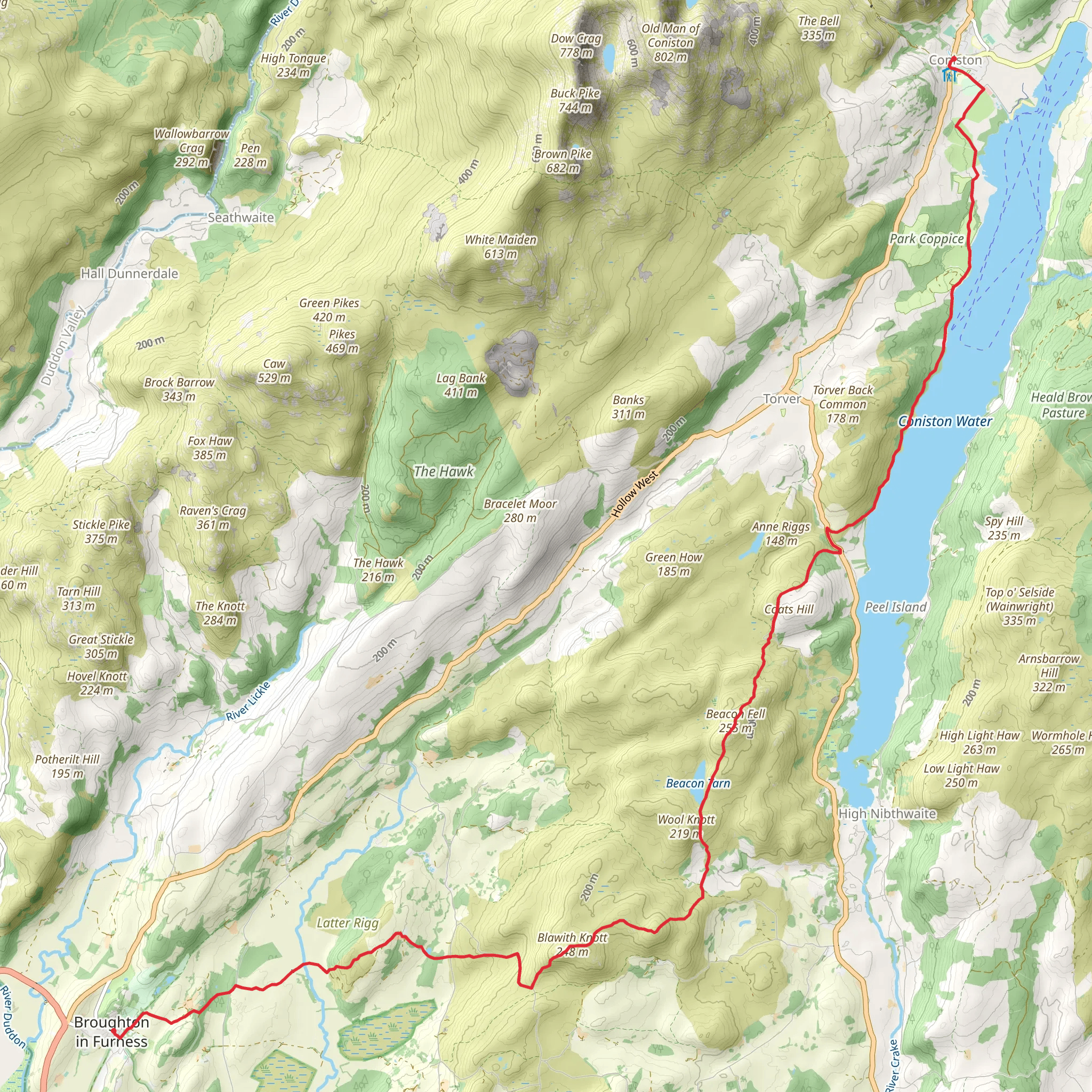 Broughton in Furness to Coniston Walk via Beacon Tarn mobile static map