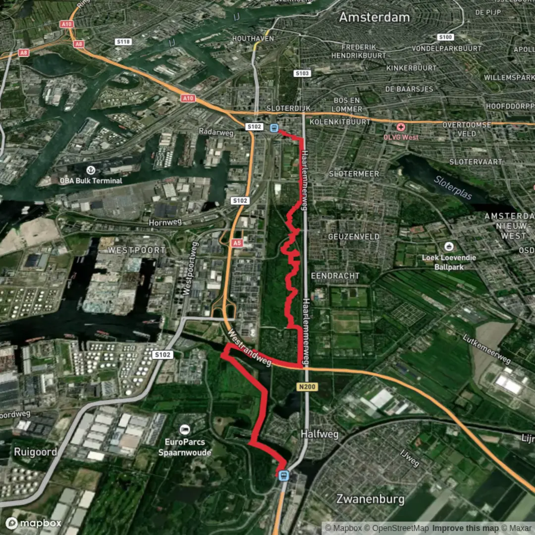 An image depicting the trail Halfweg Zwanenburg to Amsterdam Sloterdijk via NS - Wandeling De Bretten and its surrounding area.