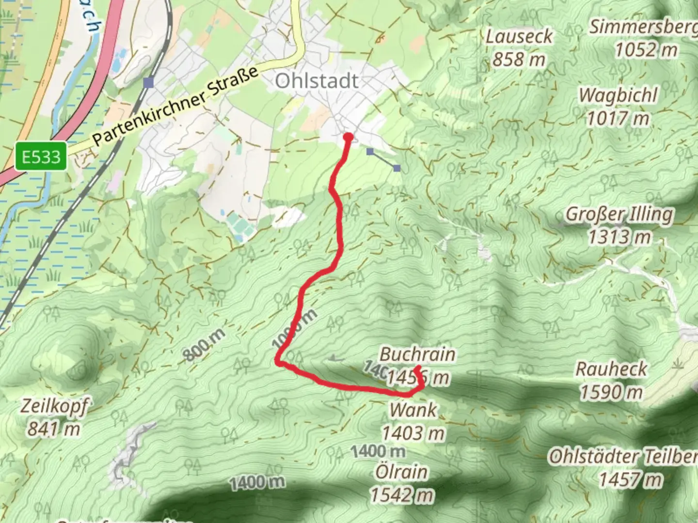 An image depicting the trail Buchrain Peak Walk via Kriegerdenkmal and its surrounding area.