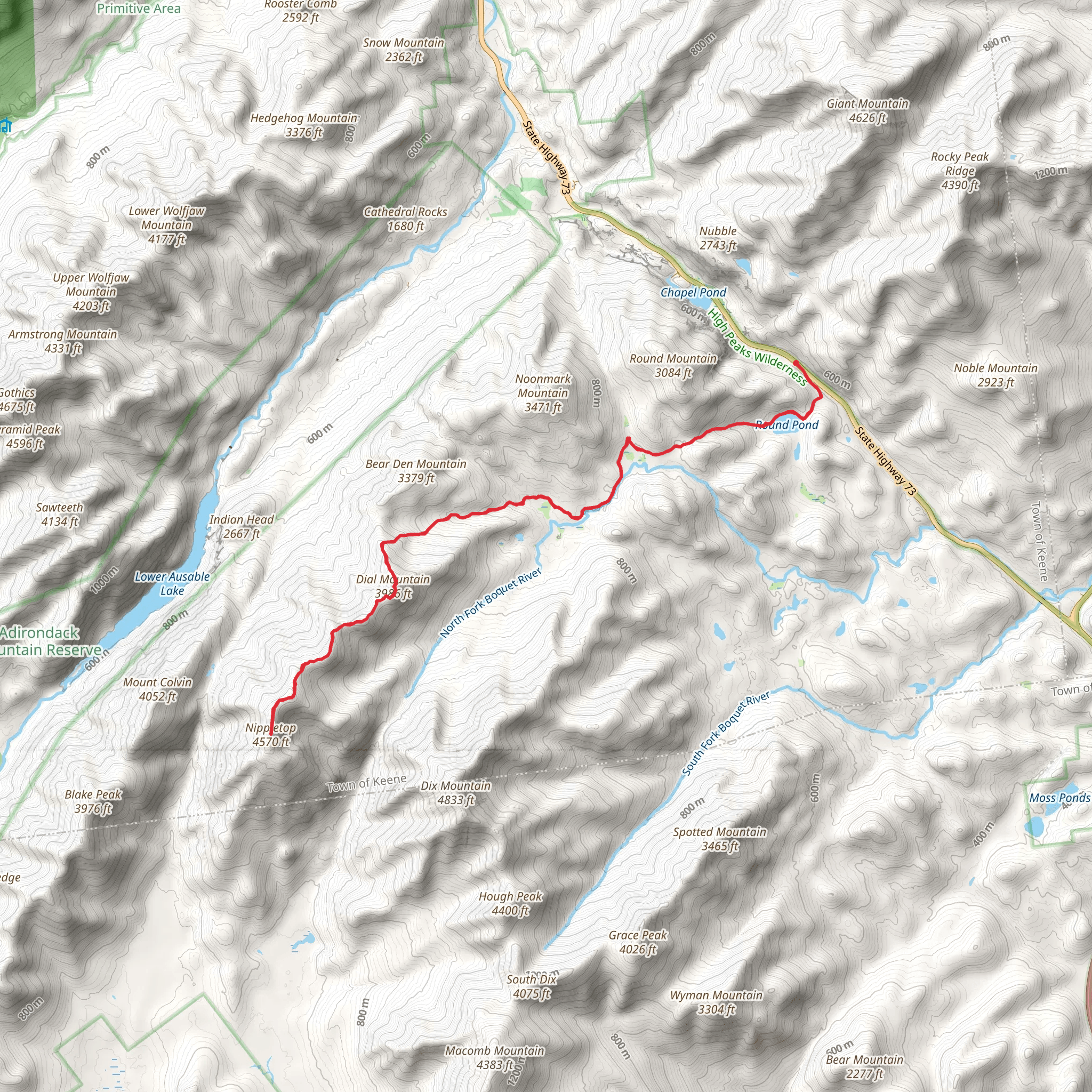 Nippletop and Dial Mountain via Dix Trail mobile static map