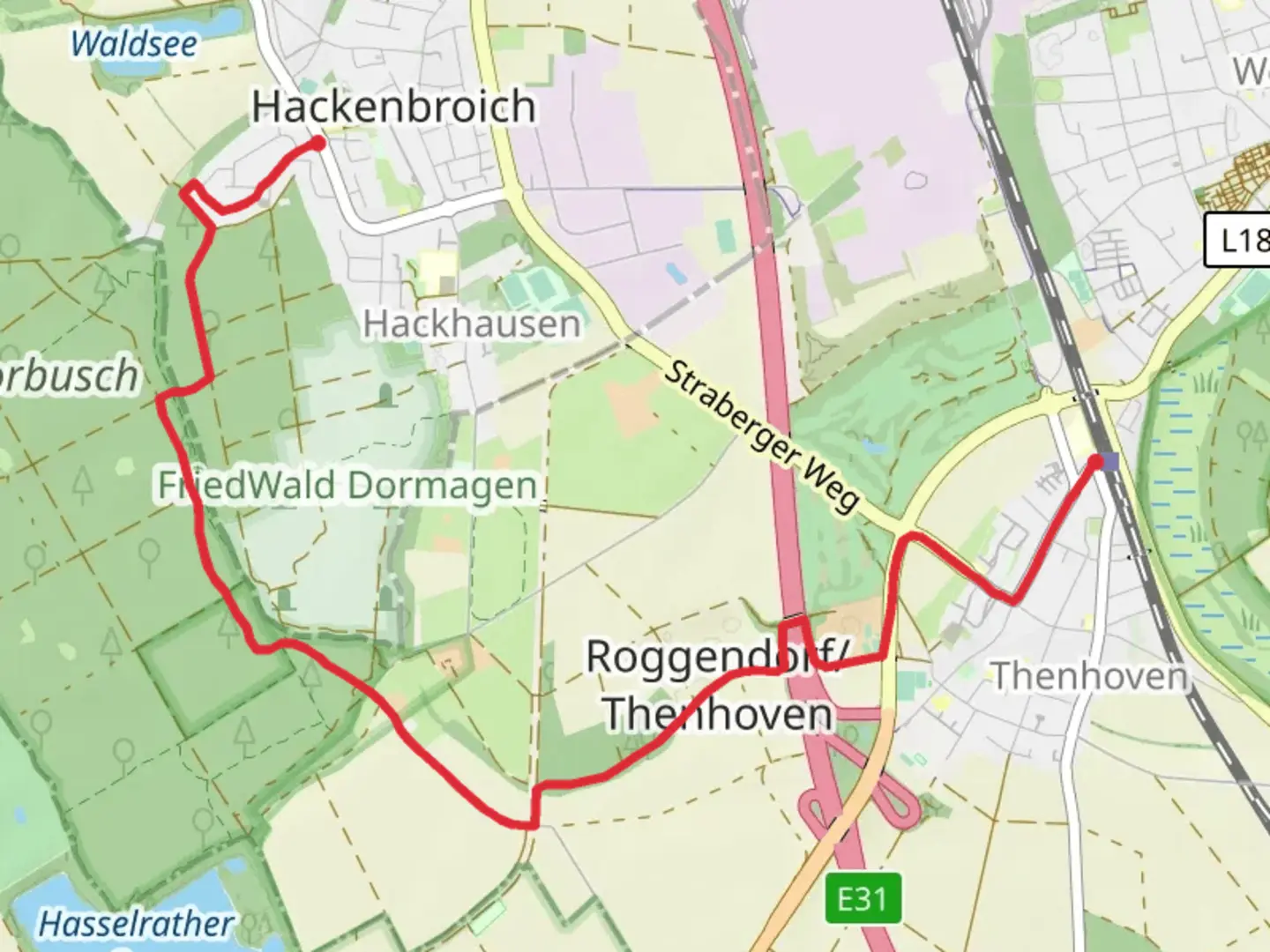 An image depicting the trail Hackenbroich to Roggendor and its surrounding area.