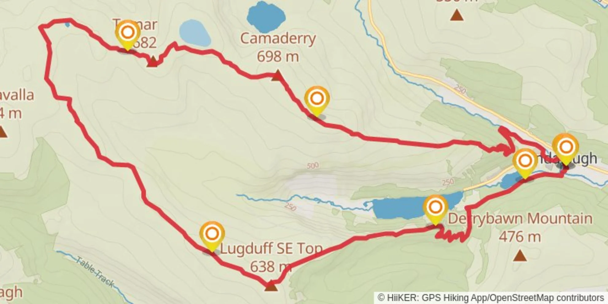 An image depicting the trail Glendalough Lugduff, Lough Firib, Turlough, Camaderry (long) and its surrounding area.
