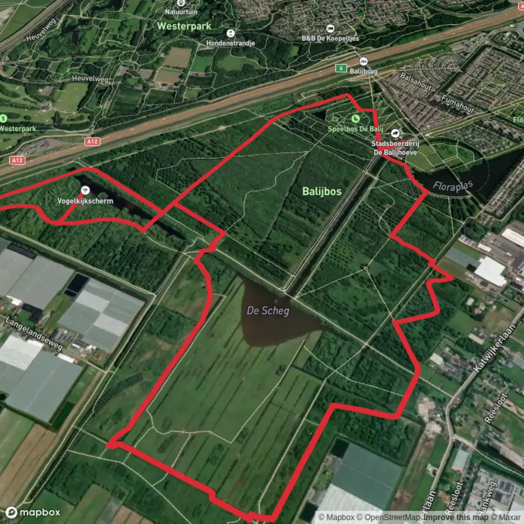 An image depicting the trail Vogelkijkscherm in Berkenbos and De Balij and its surrounding area.