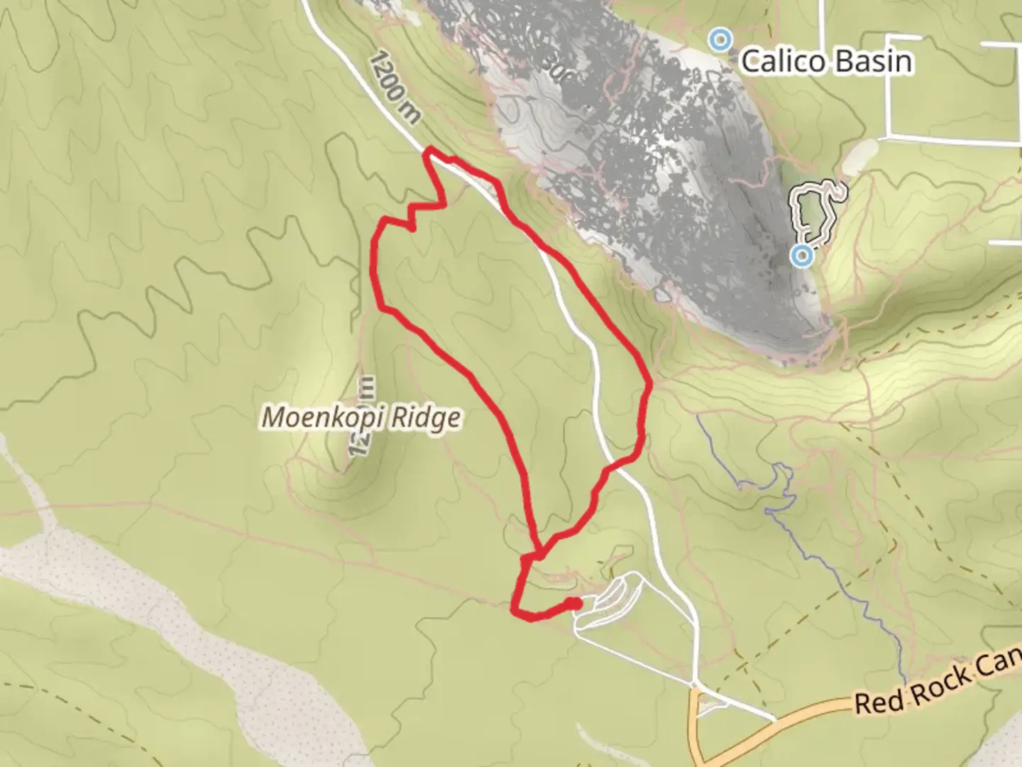 An image depicting the trail Moenkopi and Calico Hills Loop Trail and its surrounding area.
