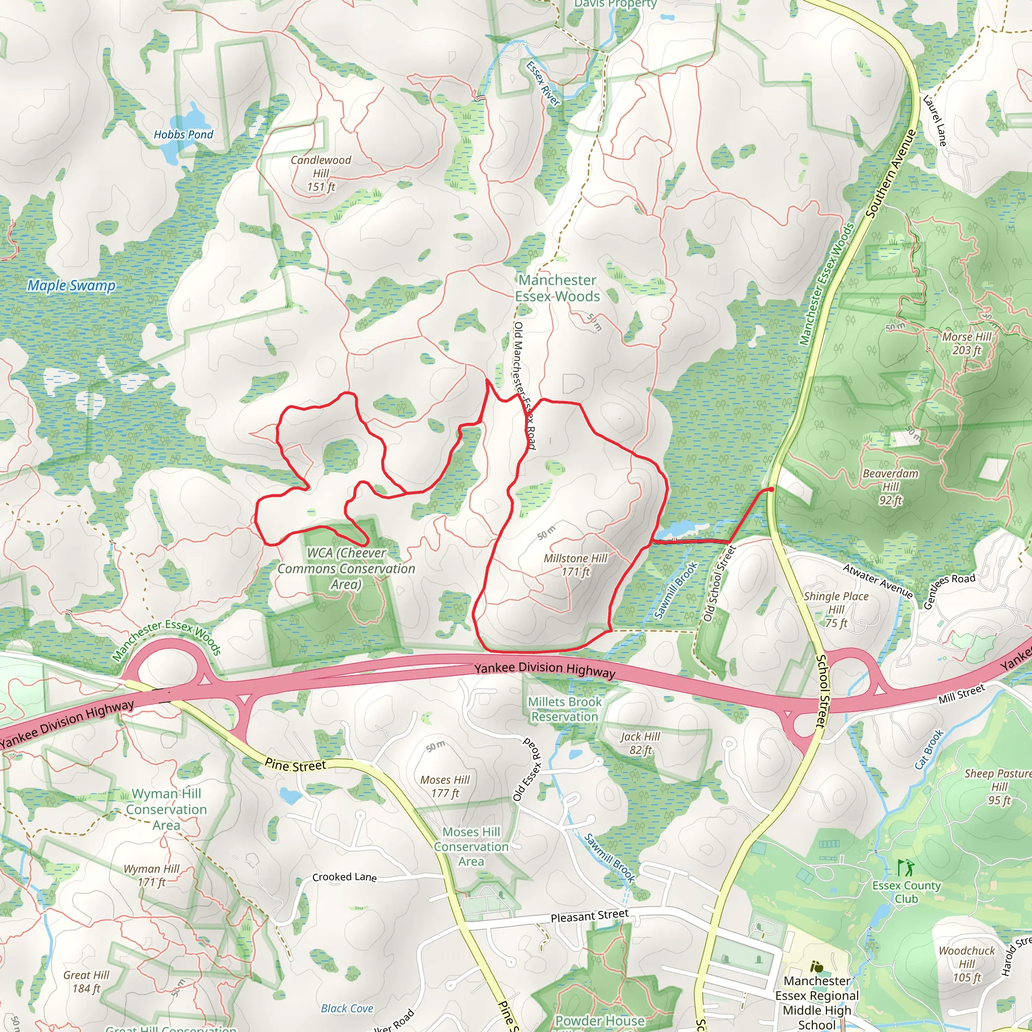 Cedar Swamp Conservation Area and Cheever Commons Conservation Area Loop mobile static map