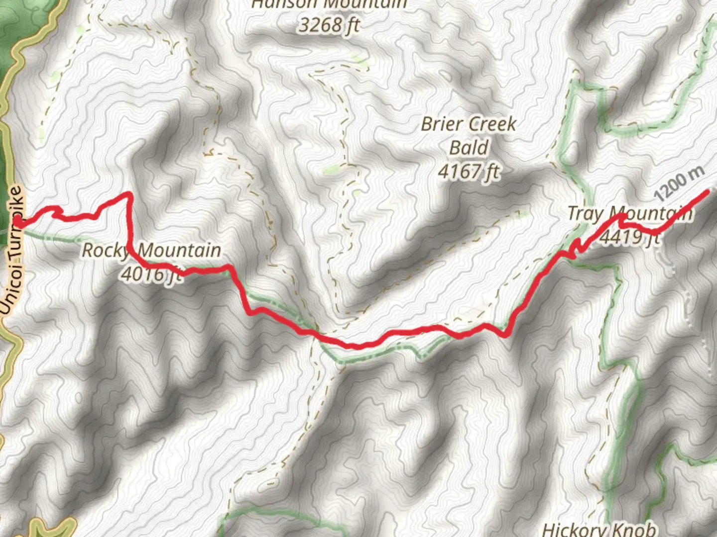An image depicting the trail Hickorynut Ridge via Appalachian TRail and its surrounding area.