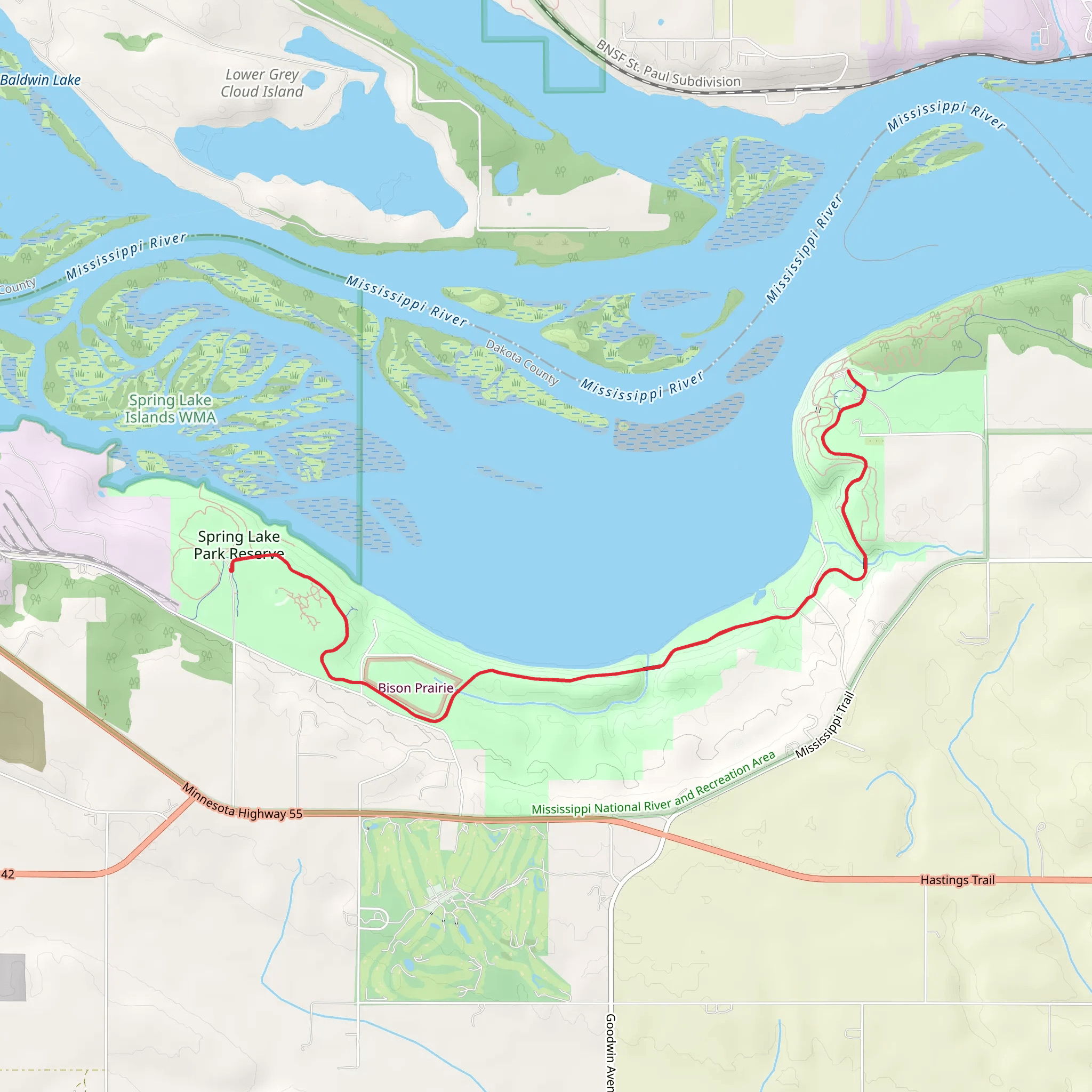 Mississippi River Trail from Spring Lake Park Reserve mobile static map