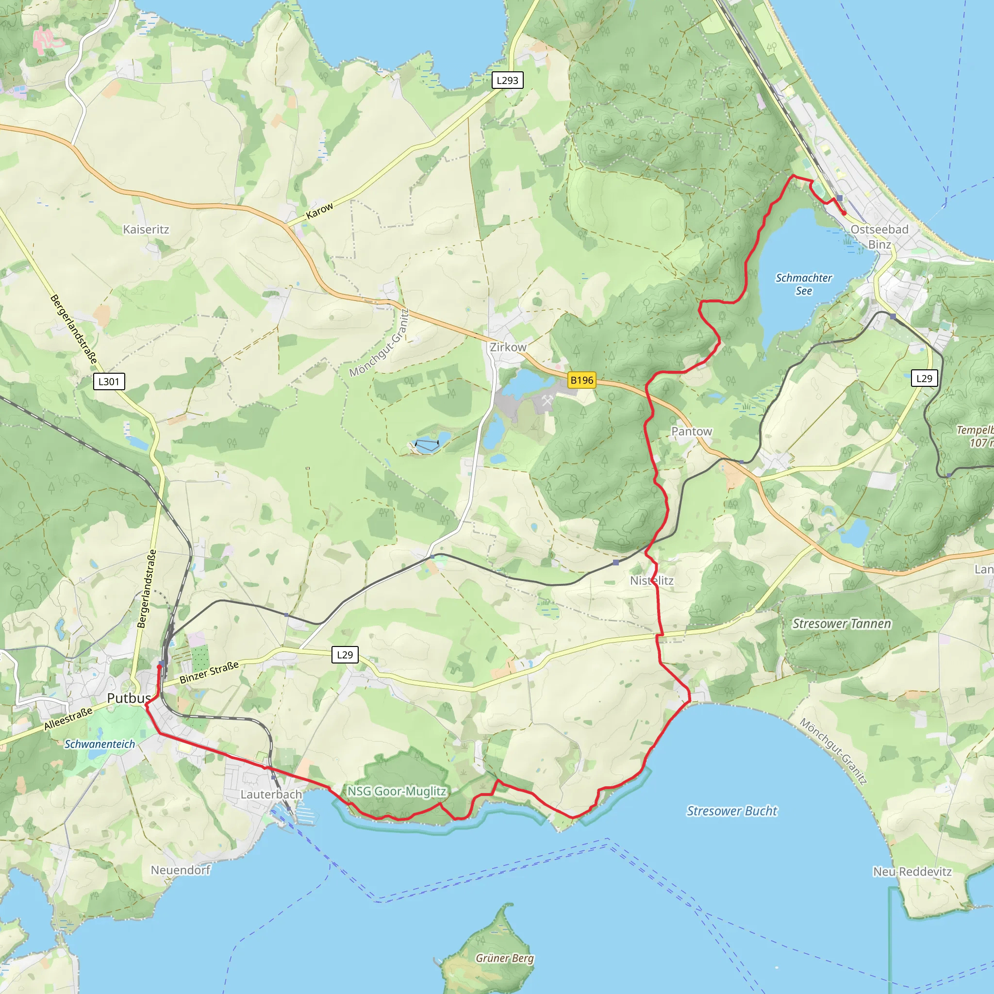 Ostseebad Binz to Putbus Walk via NSG Goor Muglitz mobile static map