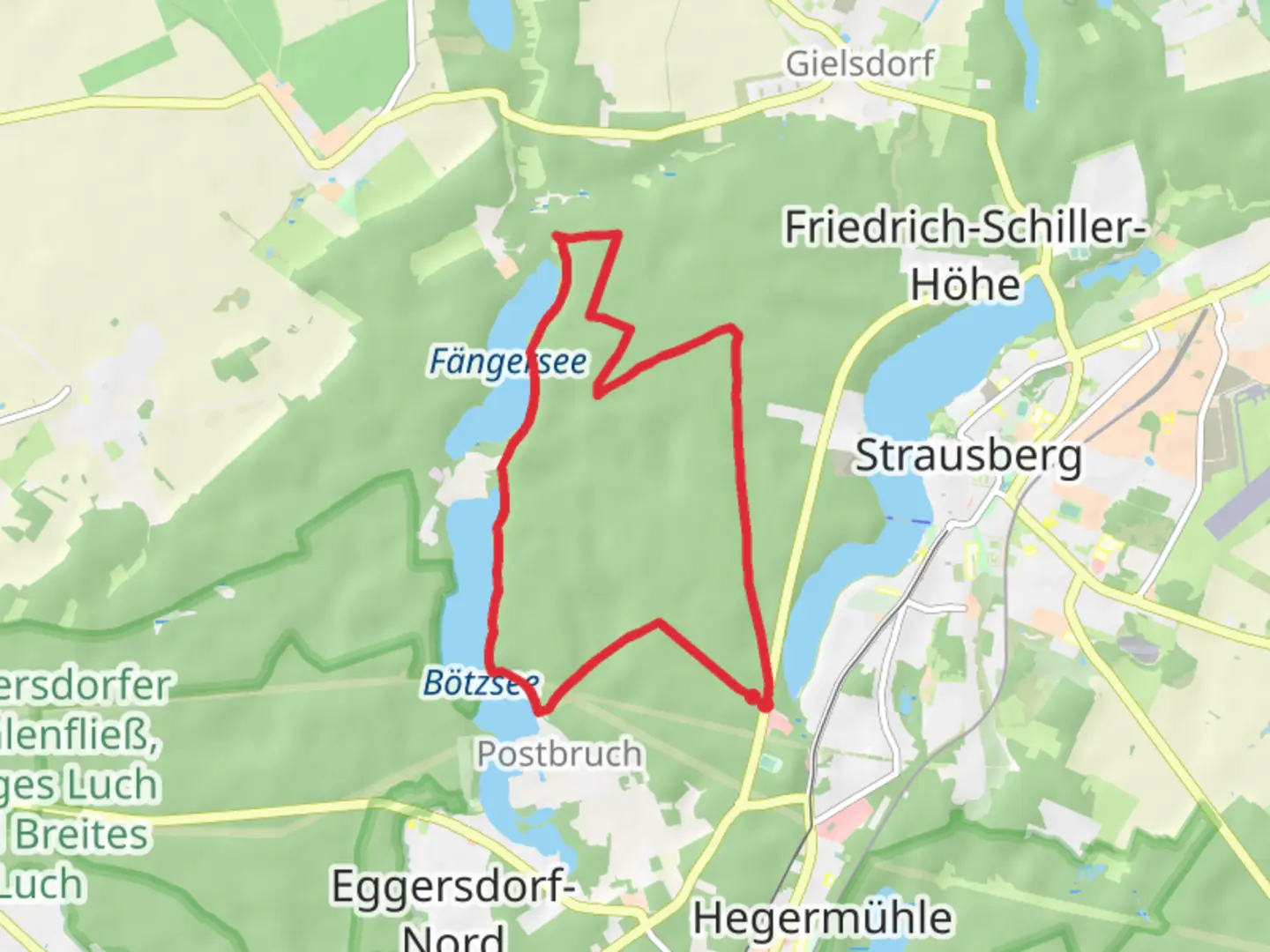 An image depicting the trail Fredersdorfer Mühlenfließ and Faengersee via 66 Seen Wanderweg and its surrounding area.