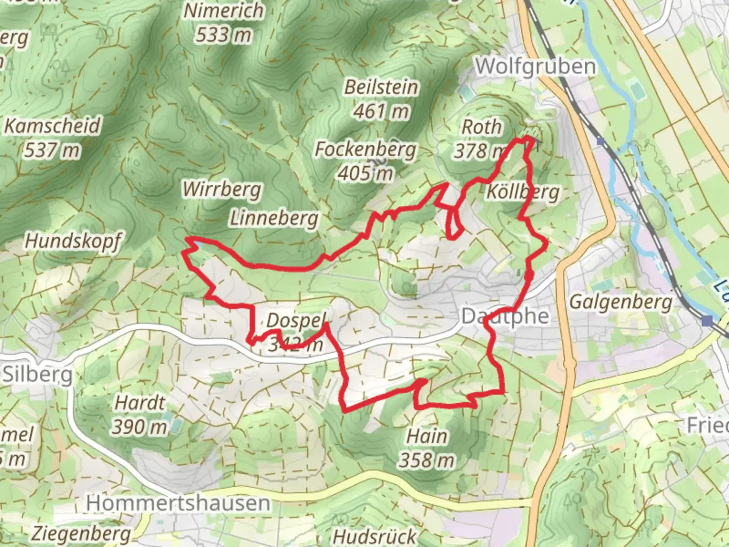 An image depicting the trail Extratour Streuobstroute and Lahnhoehen Loop and its surrounding area.