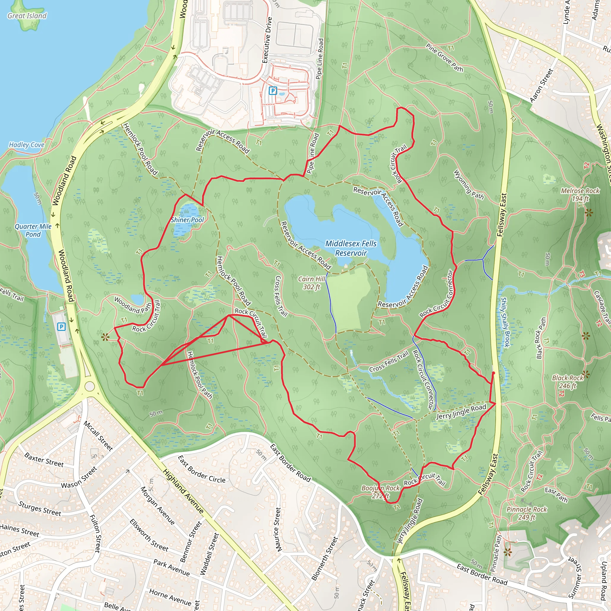 Middlesex Fells Reservoir, Cairn Hill and Shiner Pool Loop Trail mobile static map