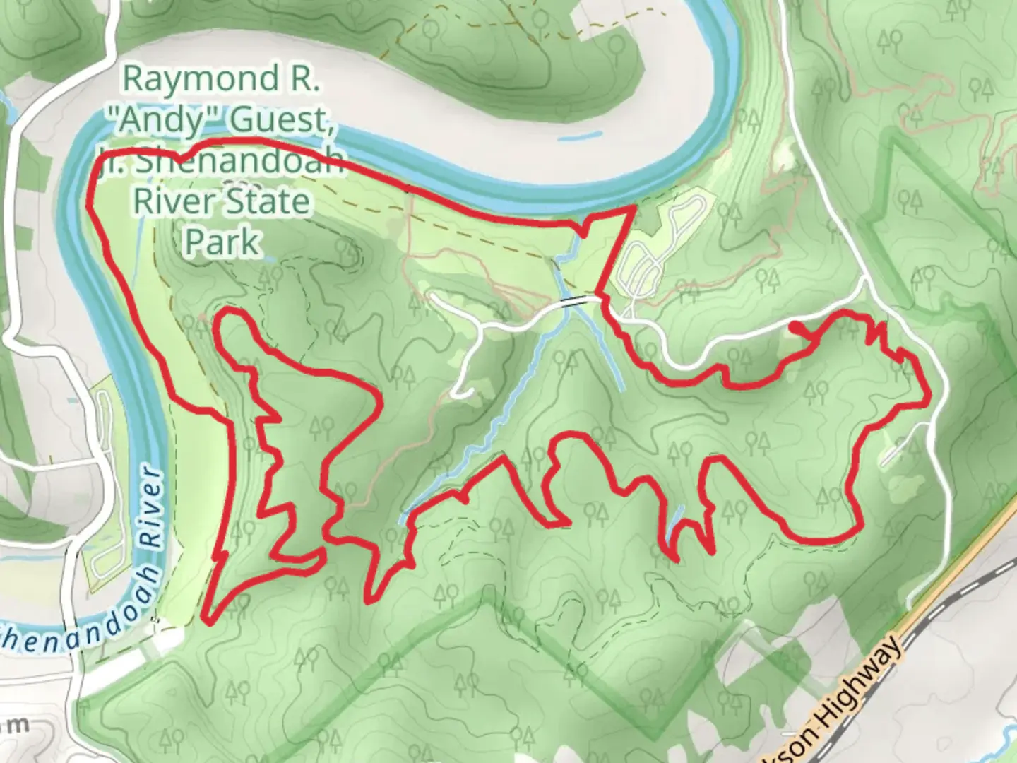 An image depicting the trail Bear Bottom Loop Trail and South Fork Shenandoah River Loop Trail and its surrounding area.