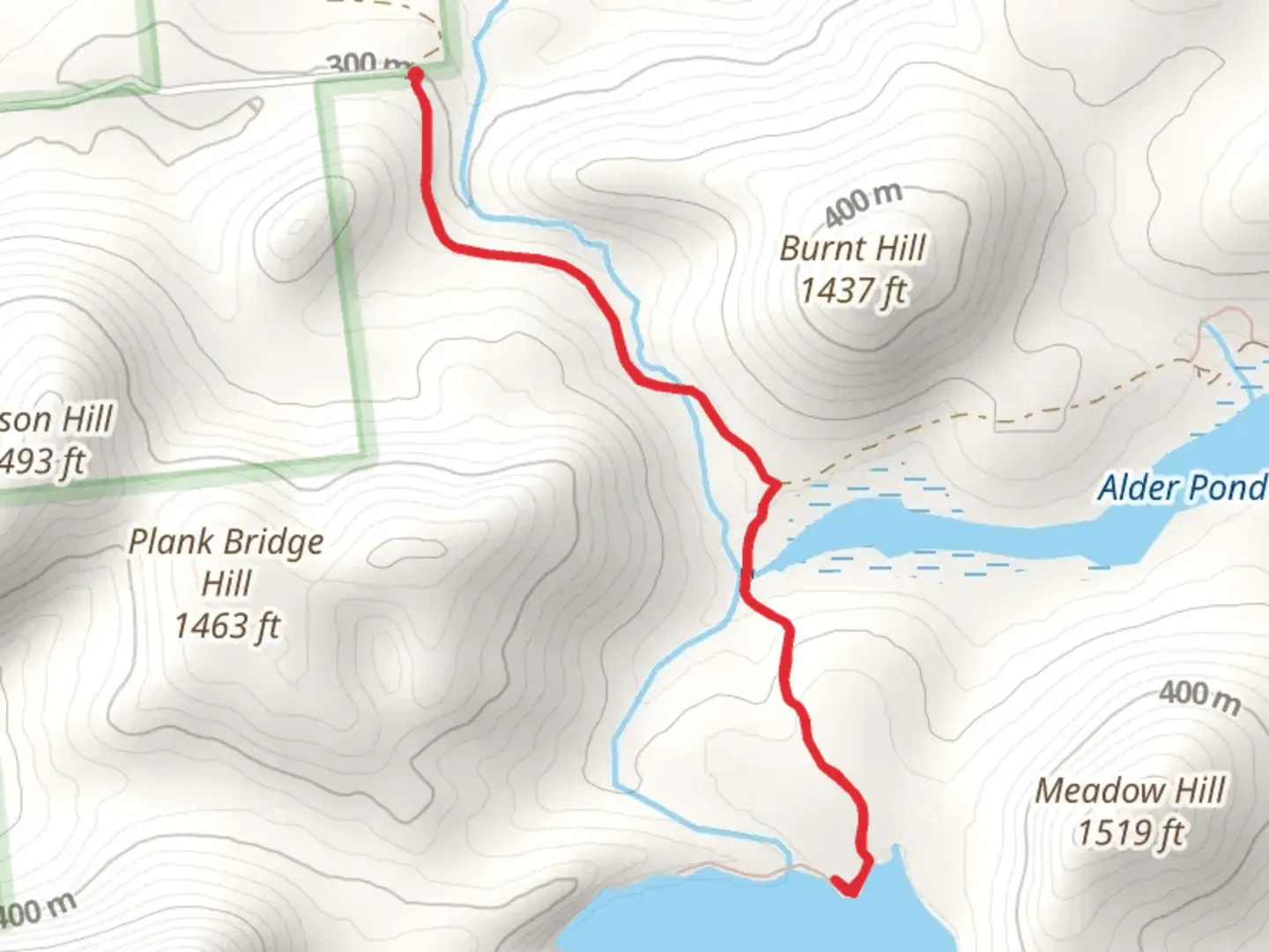 An image depicting the trail Goose Pond via Alder Creek and its surrounding area.