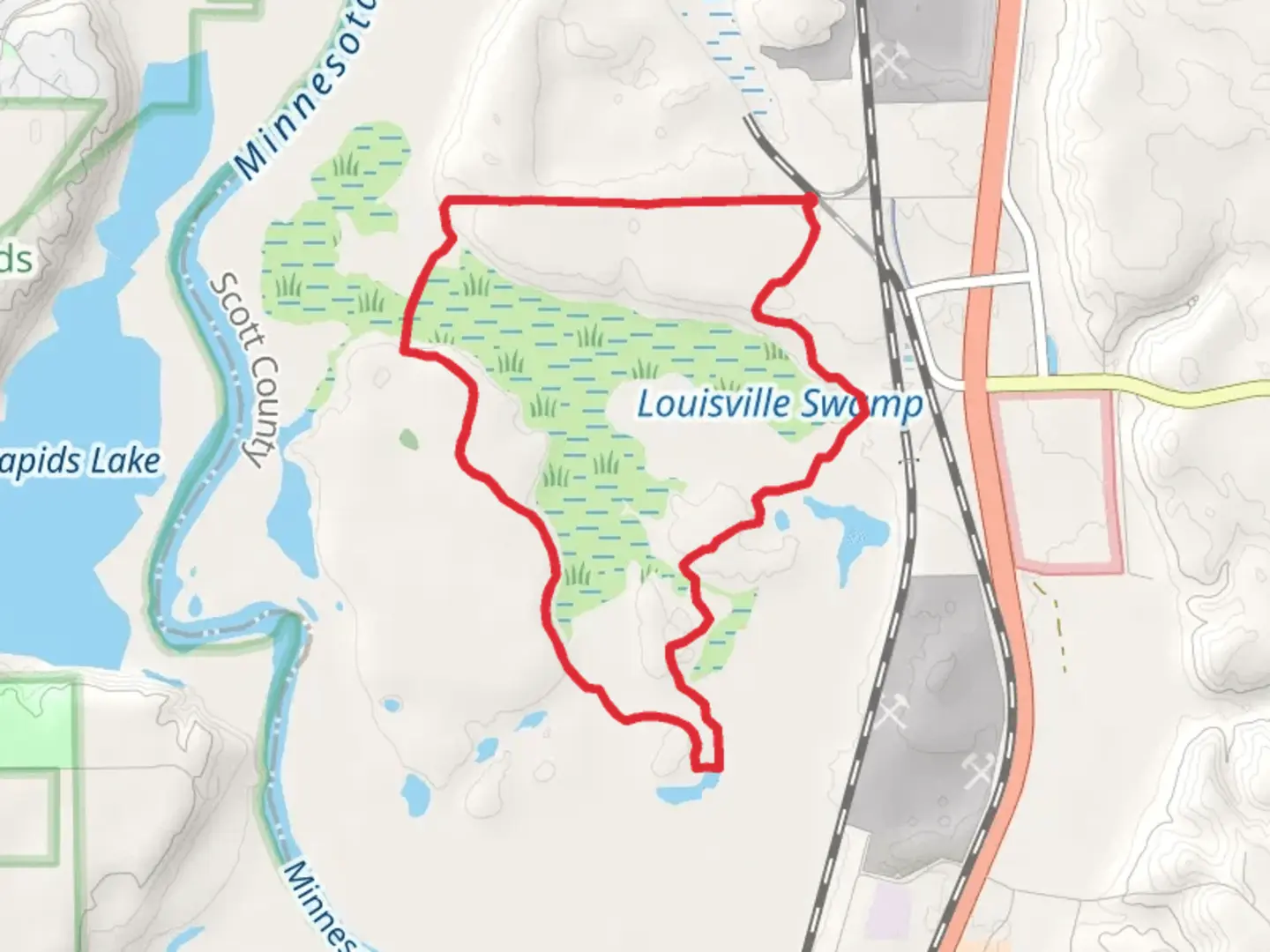 An image depicting the trail Louisville Swamp - Mazomani Loop Trail and its surrounding area.