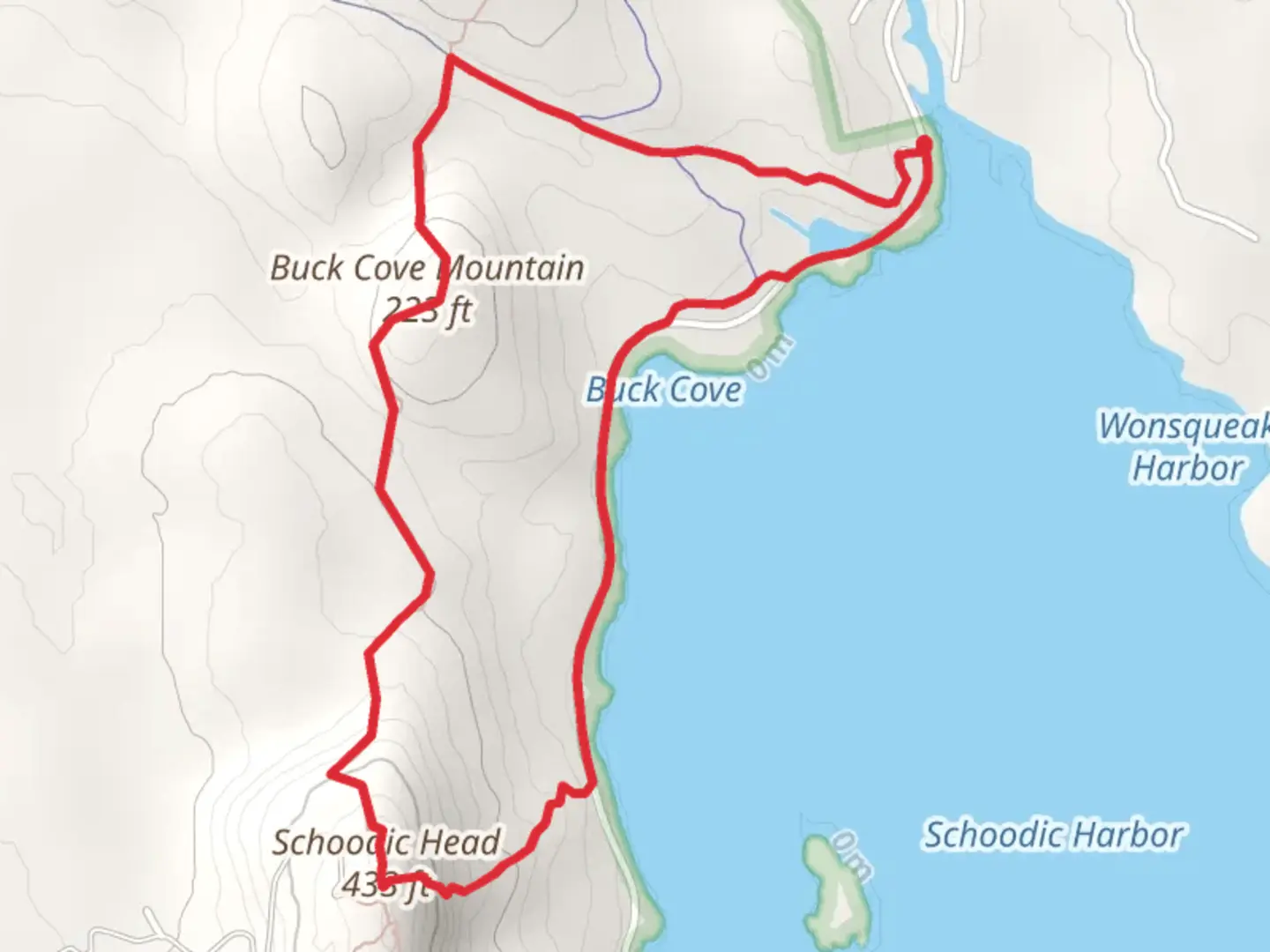 An image depicting the trail Schoodic Head and Buck Cove Mountain Loop and its surrounding area.