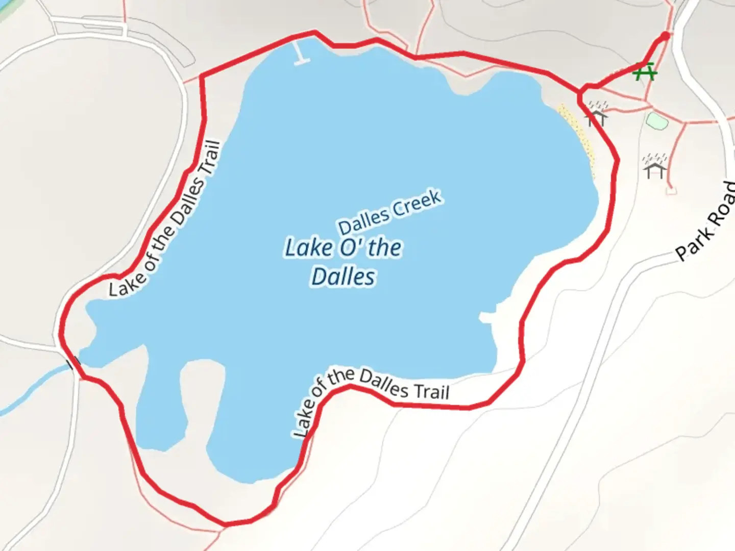 An image depicting the trail Lake O' the Dalles Loop and its surrounding area.