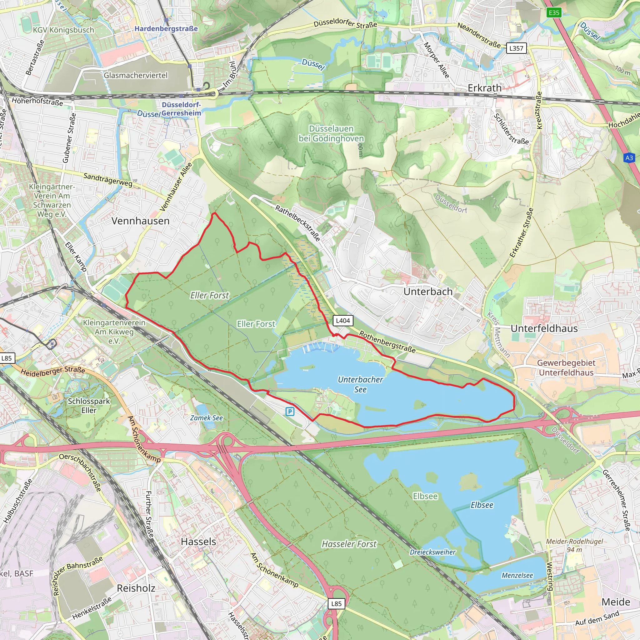 Unterbacher See and Eller Forest Loop via Neanderland Steig mobile static map