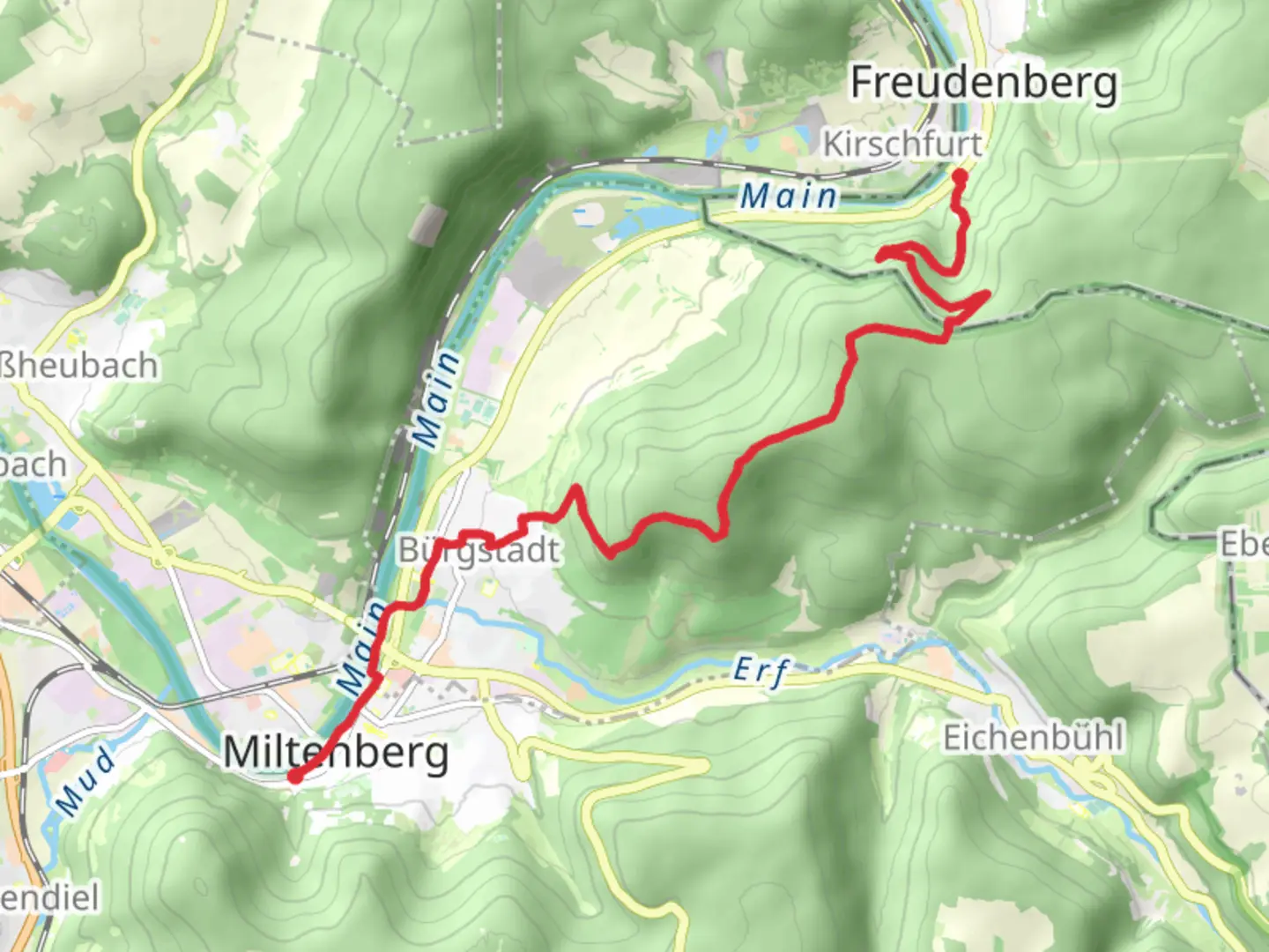 An image depicting the trail Miltenberg to Freudenberg-Kirschfurt via Nibelungensteig and its surrounding area.