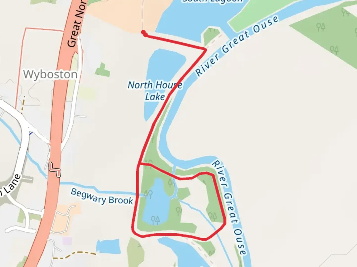 An image depicting the trail Wyboston Lakes Loop and its surrounding area.