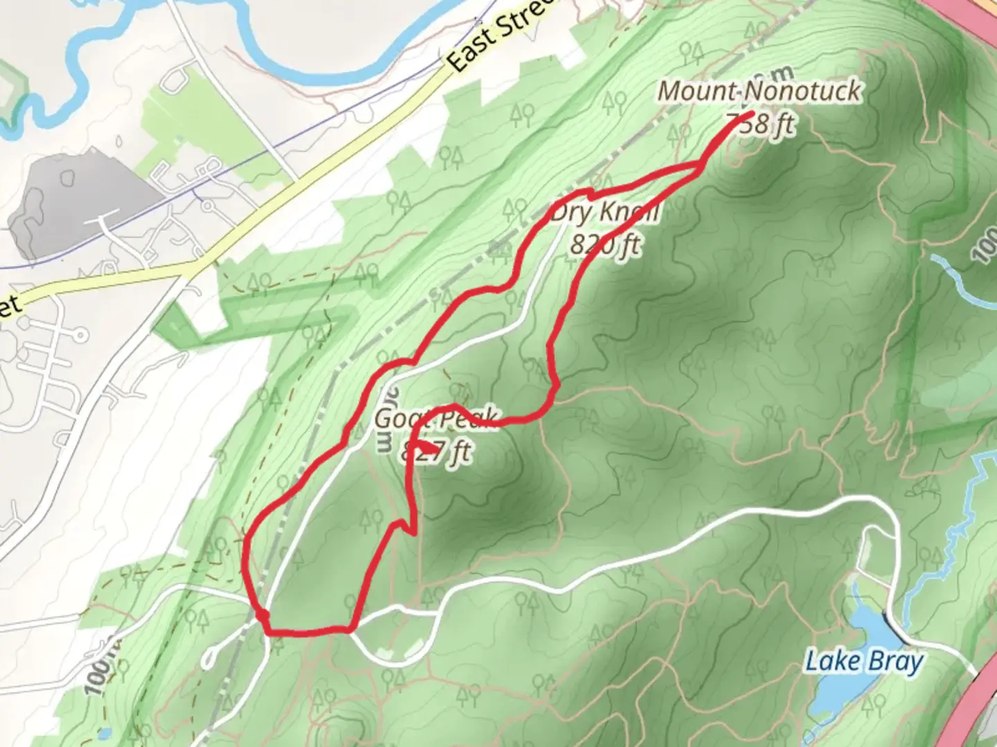 An image depicting the trail Goat Peak, Dry Knoll and Mount Nonotuck Loop and its surrounding area.