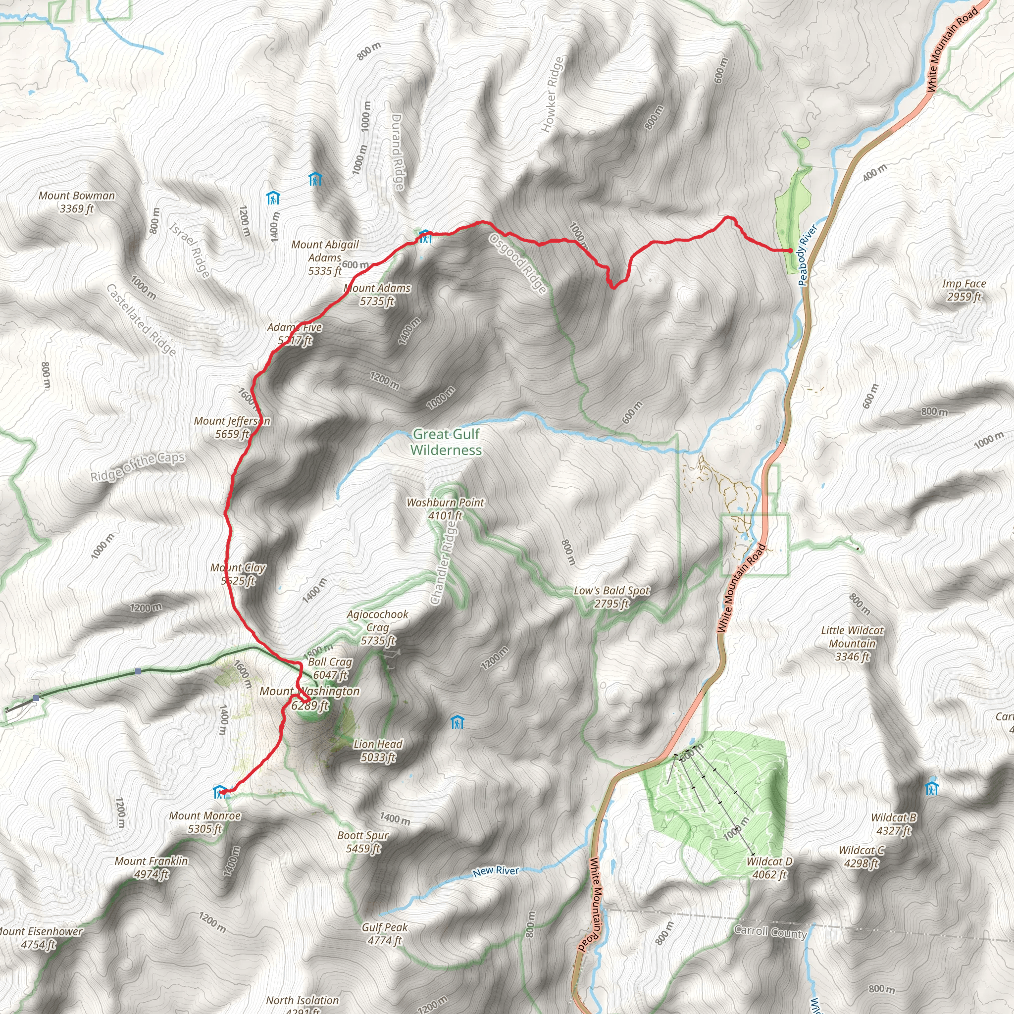 Mount Madison and Mount Washington to Upper Lake of the Clouds via Daniel Webster Trail mobile static map