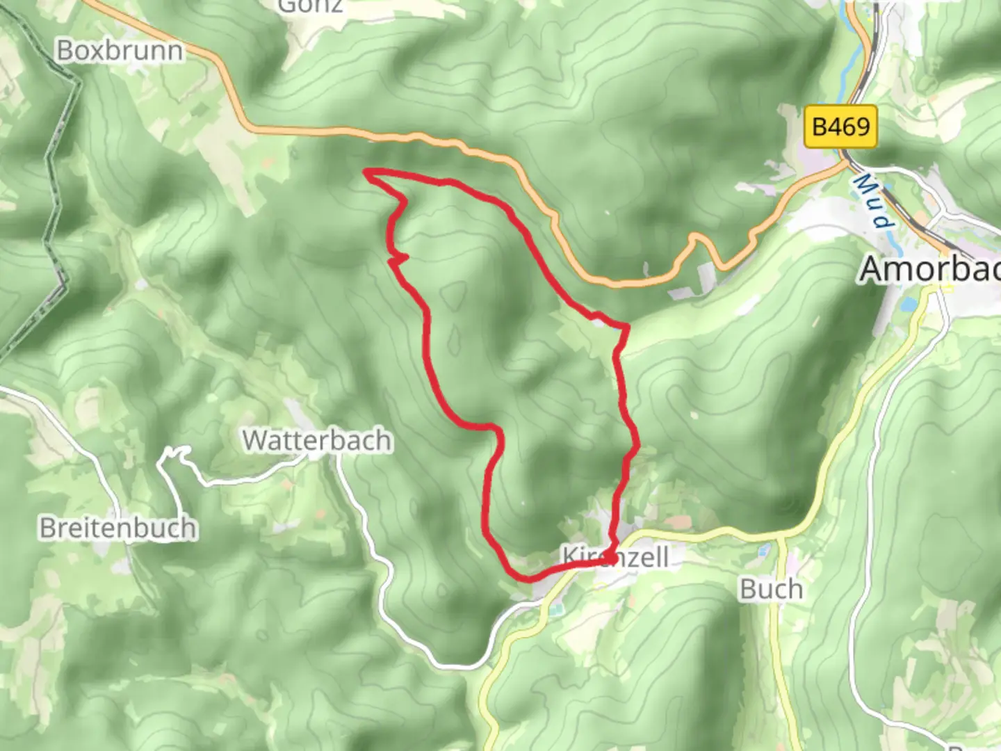 An image depicting the trail Kirchzell Loop and its surrounding area.