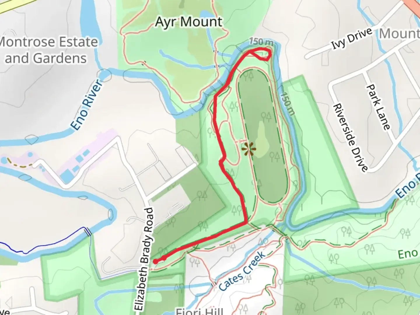 An image depicting the trail Eno River via Hillsberg Riverwalk and its surrounding area.