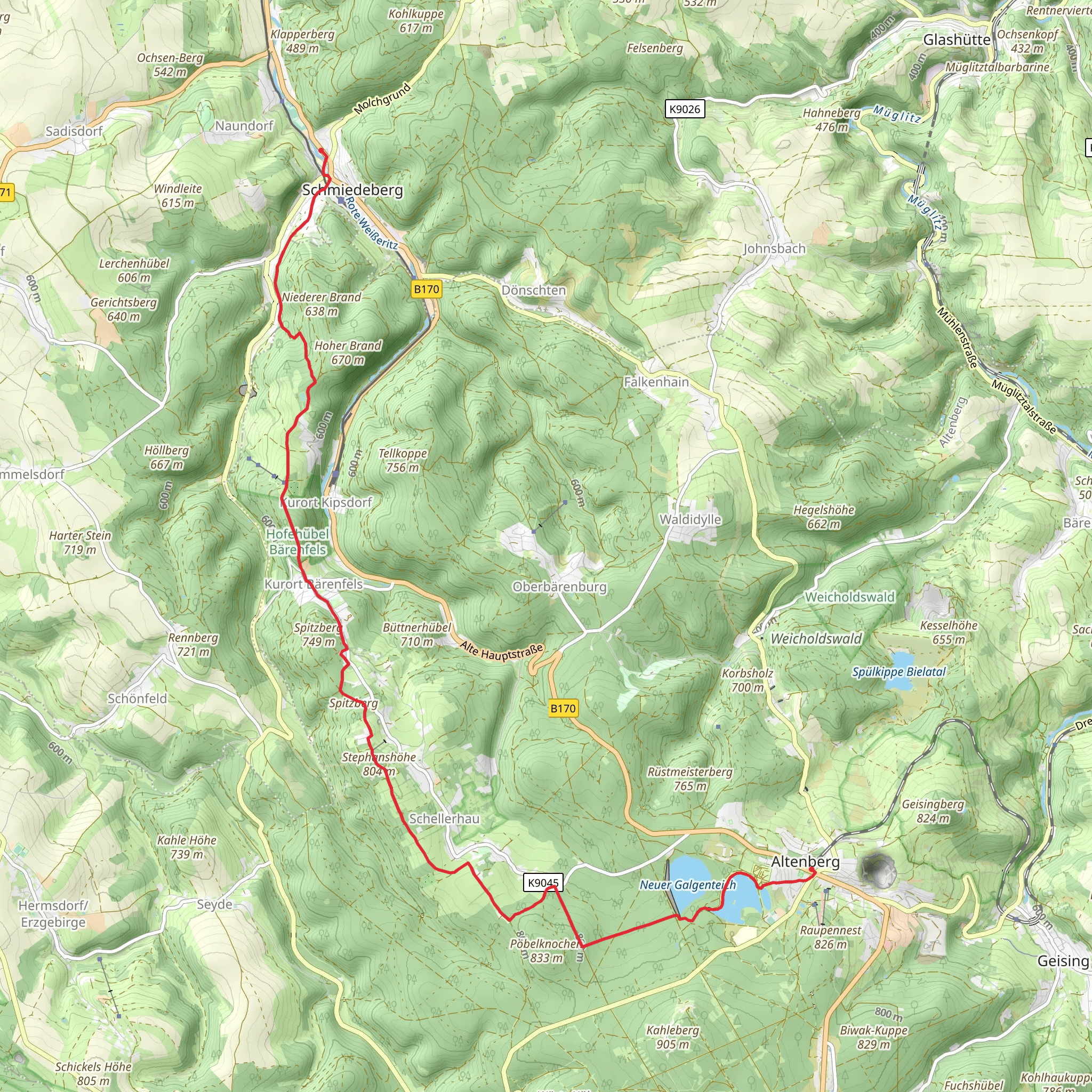 Altenberg to Schmideberg Walk via Grober Galgenteich mobile static map