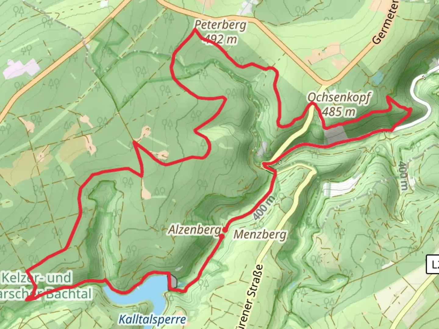 An image depicting the trail Mittleres Kalltal and Kalltalsperre Loop and its surrounding area.