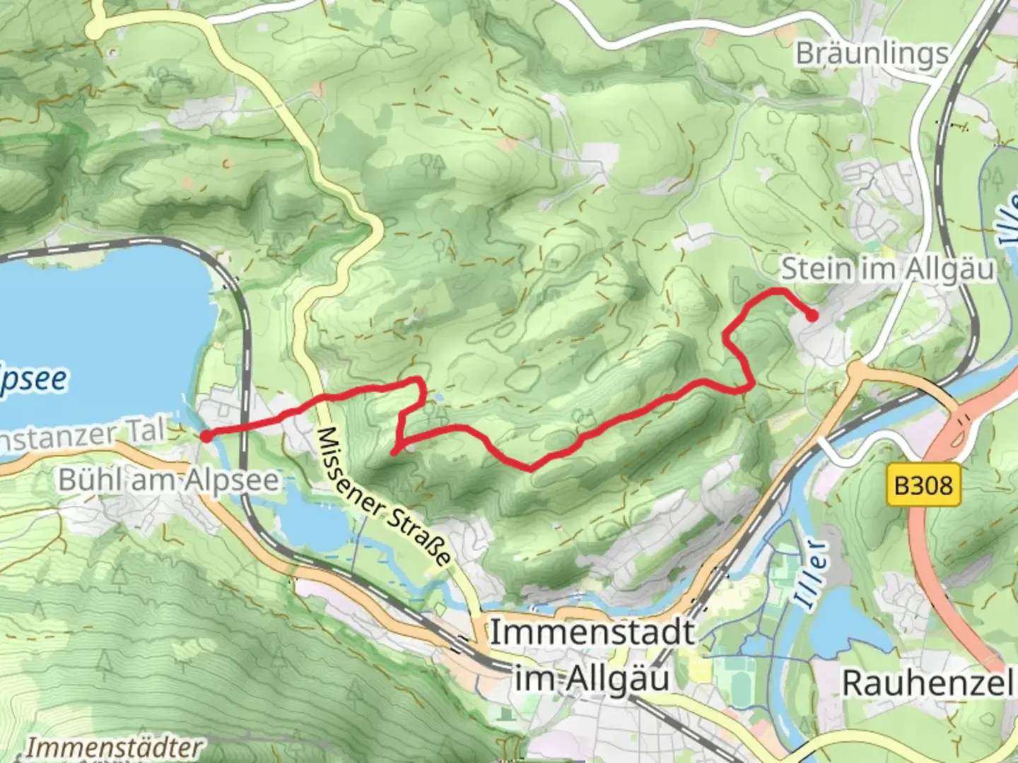 An image depicting the trail Burguine Rothenfels and Großer Alpsee and its surrounding area.