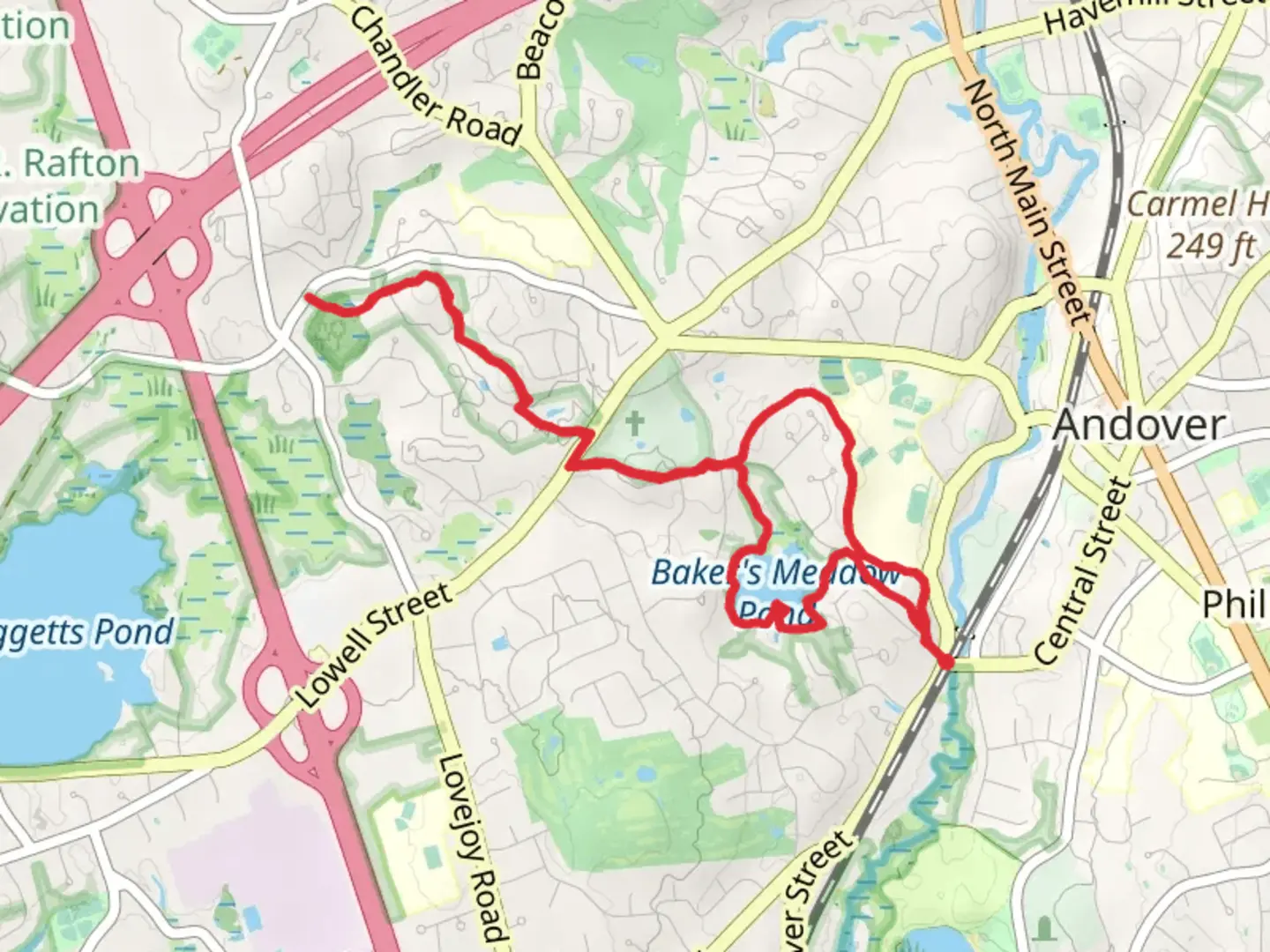 An image depicting the trail Baker's Meadow Pond - West Parish and its surrounding area.
