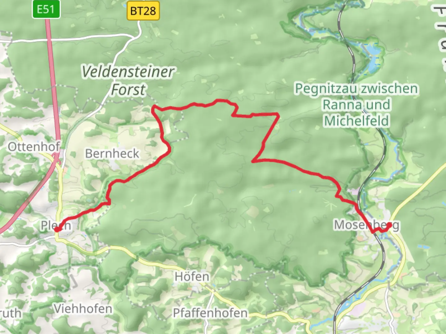 An image depicting the trail Plech - Ranna and its surrounding area.