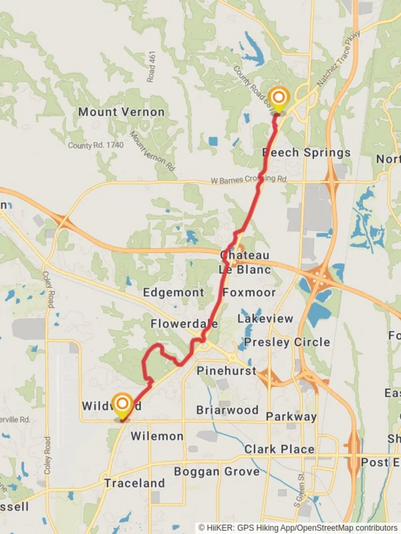 An image depicting the trail Beech Springs to Tracewood and its surrounding area.