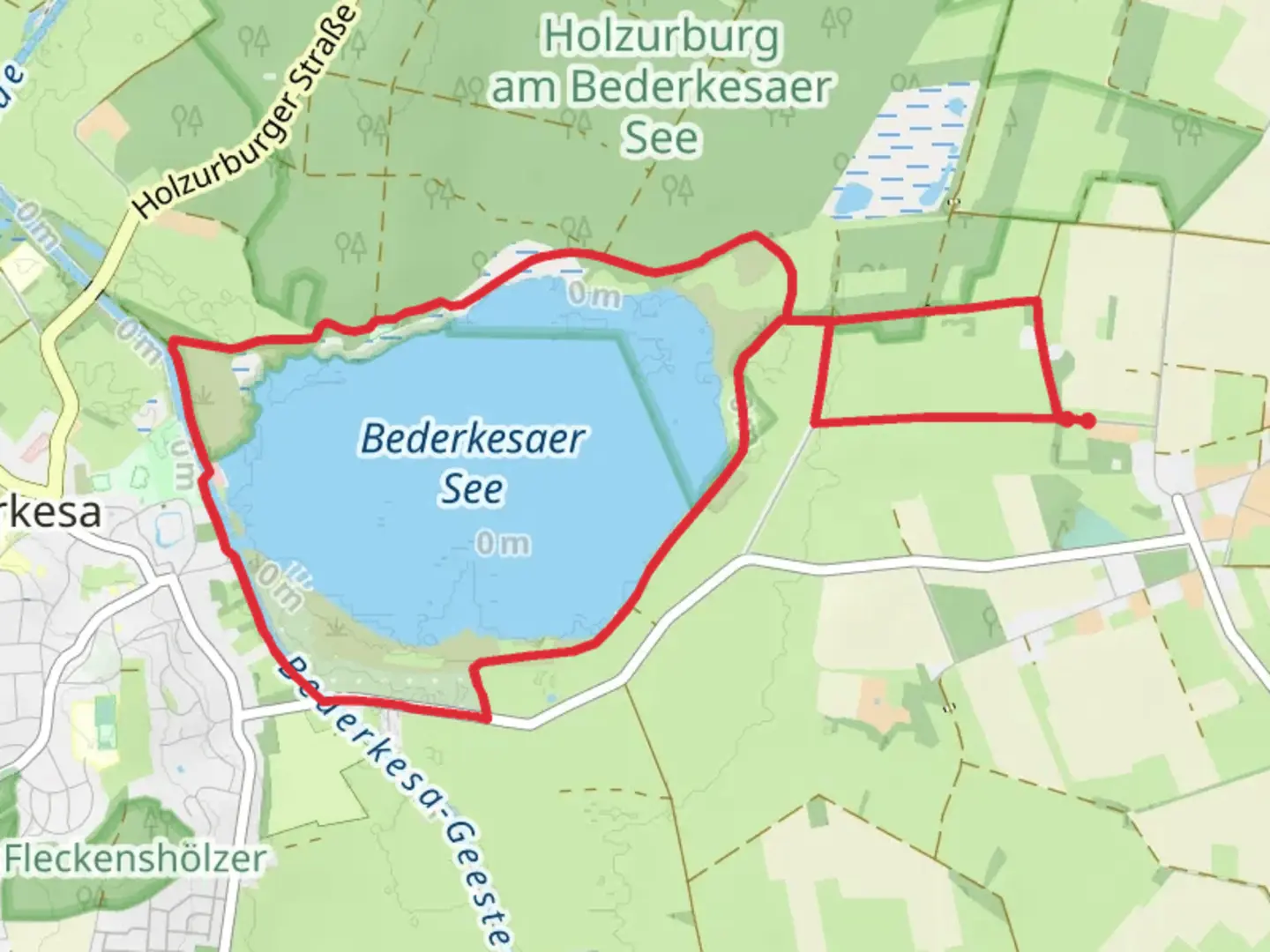 An image depicting the trail Bederkesaer See via Seerundweg and its surrounding area.