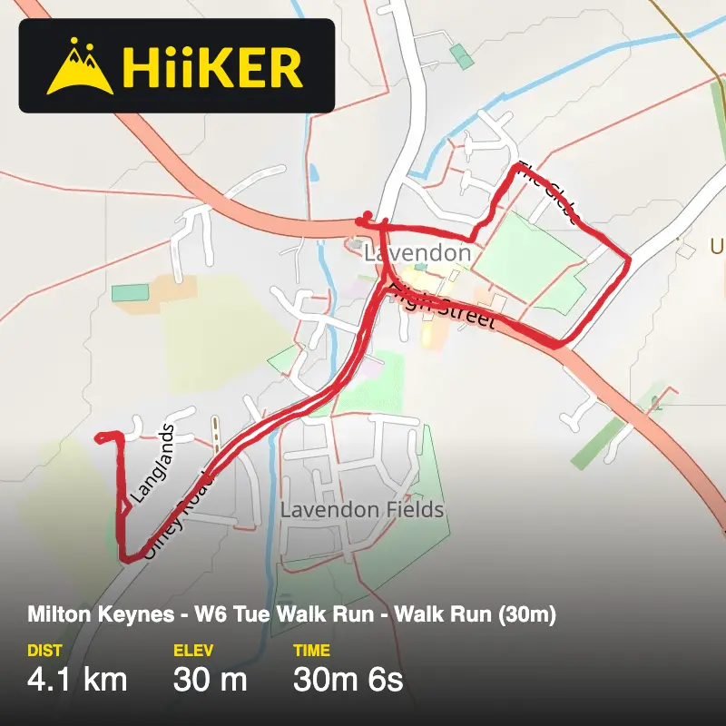 A map preview of the recording Milton Keynes - W6 Tue Walk Run - Walk Run (30m).